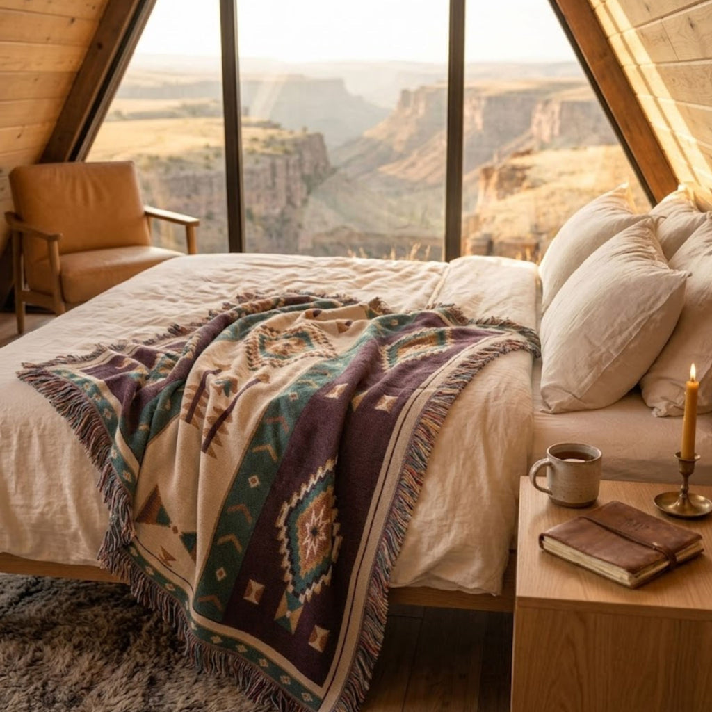 Aubergine Mesa woven throw blanket draped on a bed in a warm Southwestern-style bedroom — Trini Skies