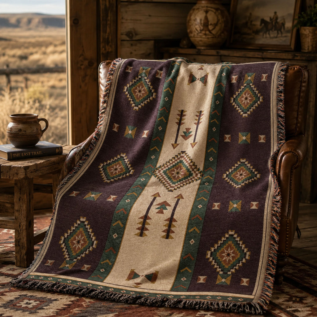 Aubergine Mesa woven cotton throw draped over a chair, Southwestern geometric pattern in aubergine and rust — Trini Skies