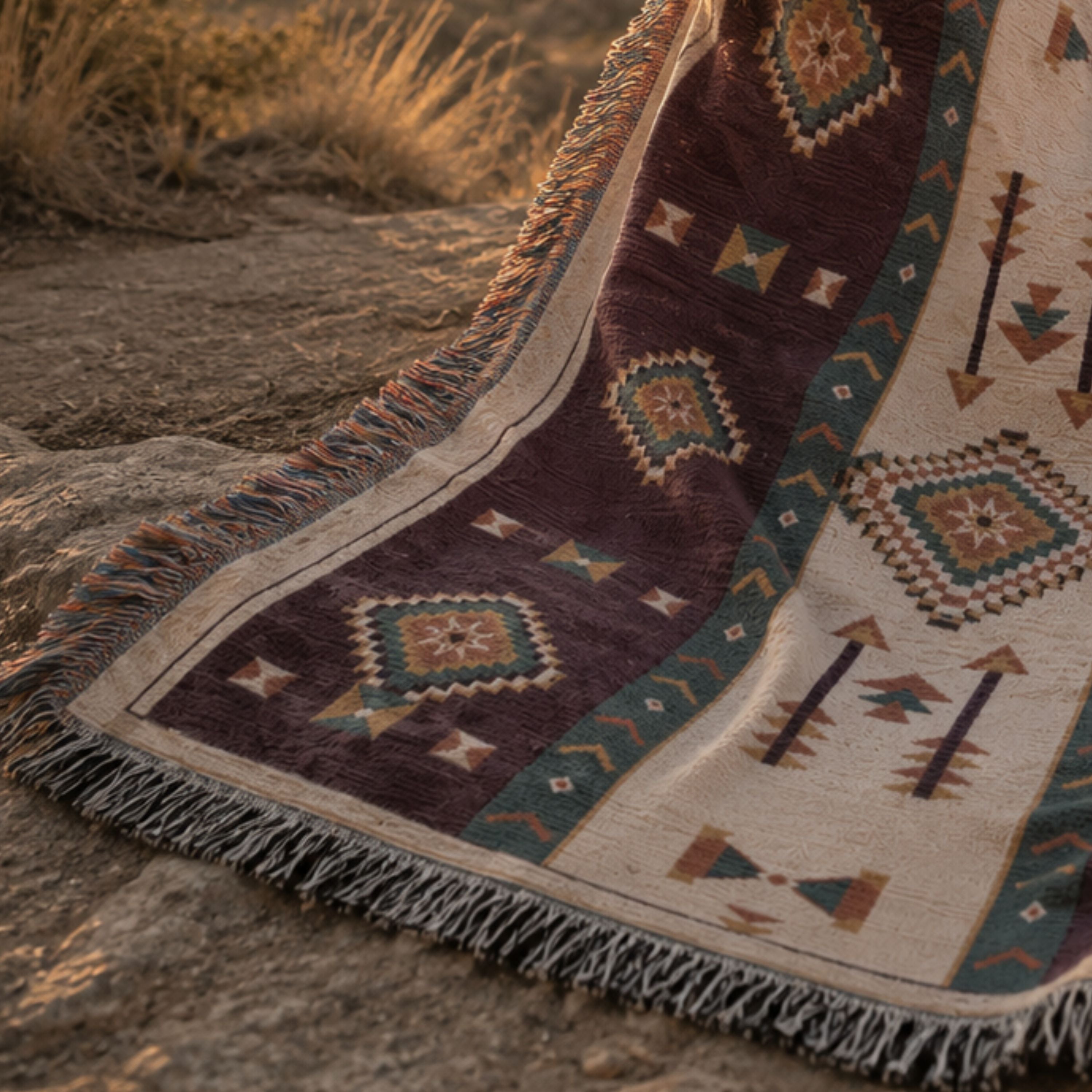 Aubergine Mesa woven throw blanket styled outdoors in a desert landscape — Trini Skies