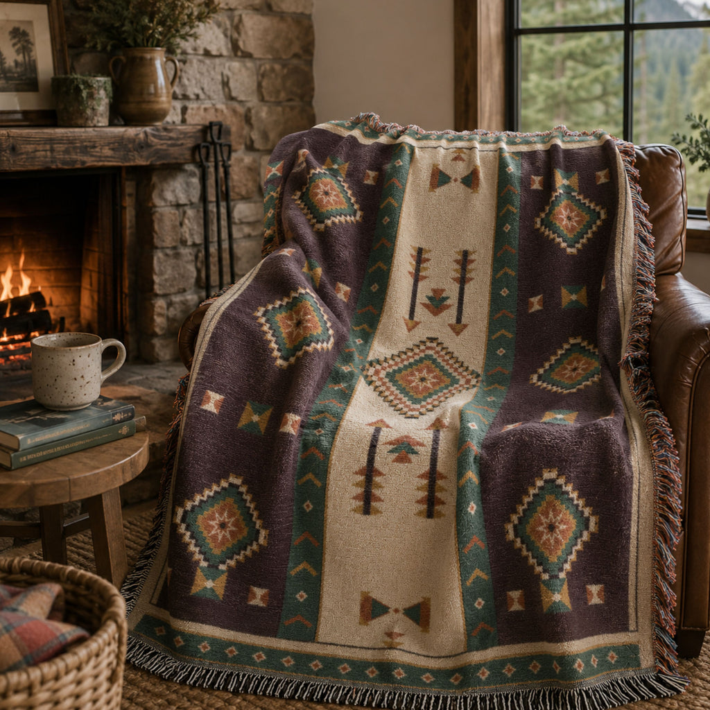 Aubergine Mesa woven cotton throw draped over a leather chair, Southwestern geometric design — Trini Skies