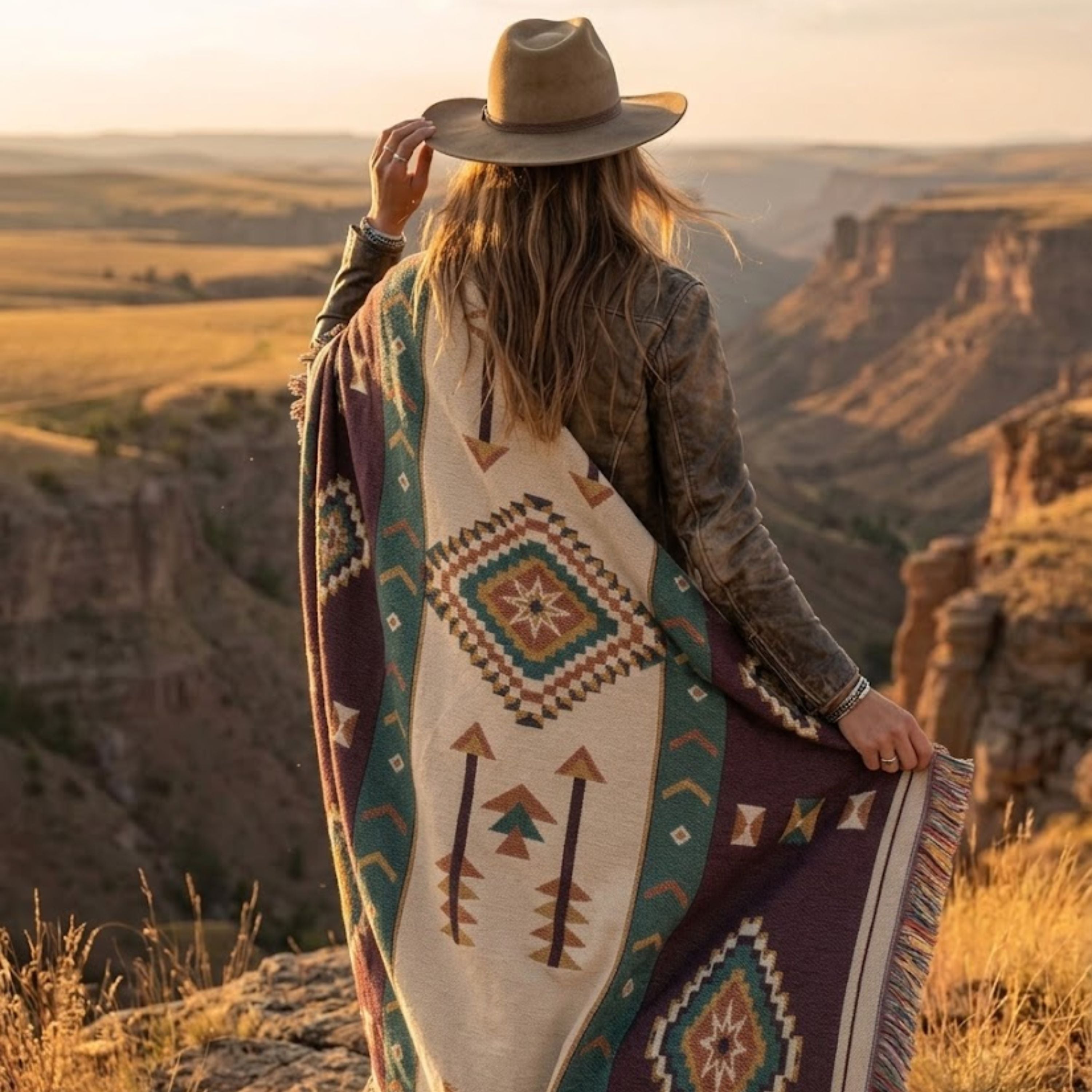 Woman wearing the Aubergine Mesa woven throw blanket like a wrap overlooking a desert canyon, Southwestern geometric design in aubergine and rust — Trini Skies
