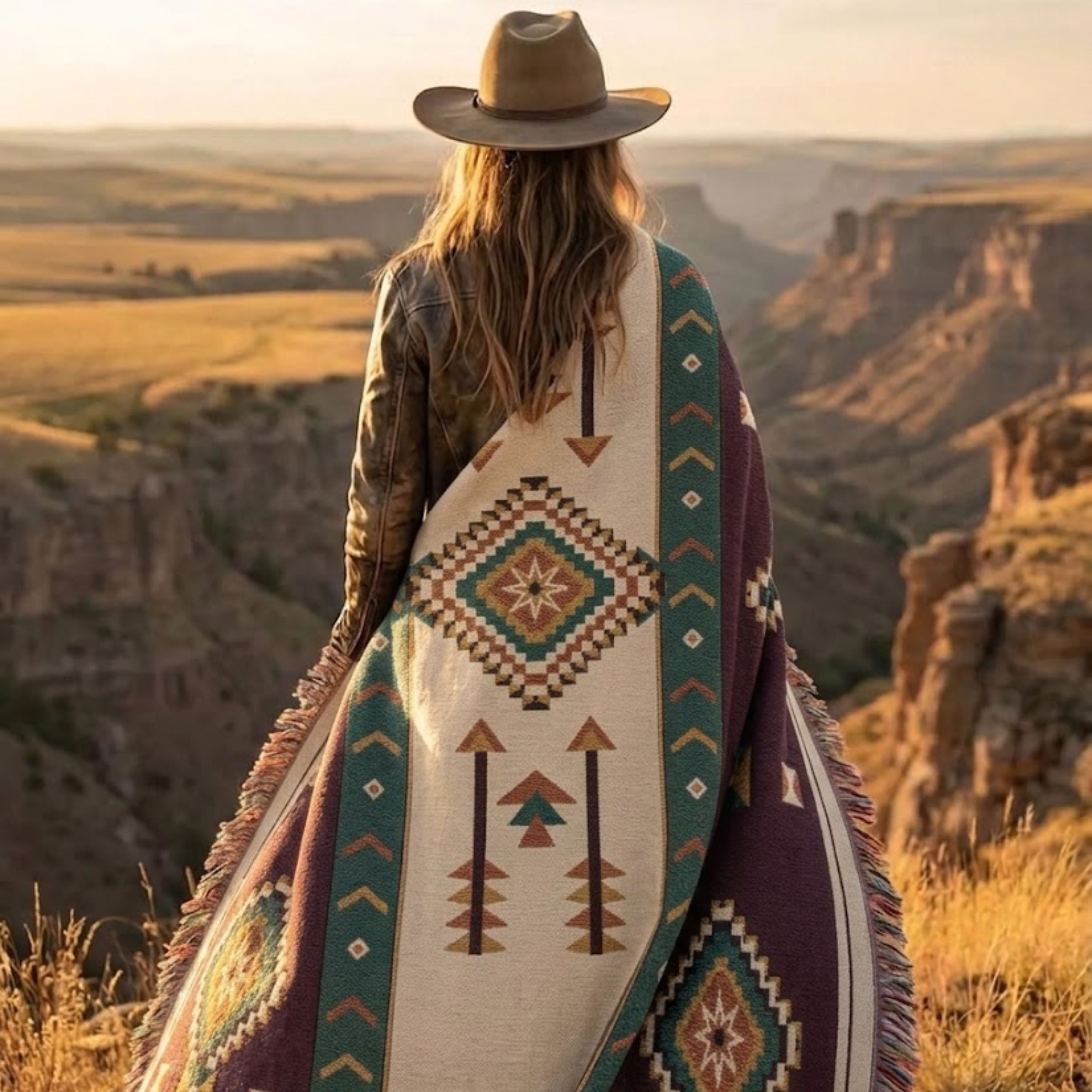 Aubergine Mesa woven cotton throw shown full, bold Southwestern geometric pattern in aubergine, rust, and tan — Trini Skies