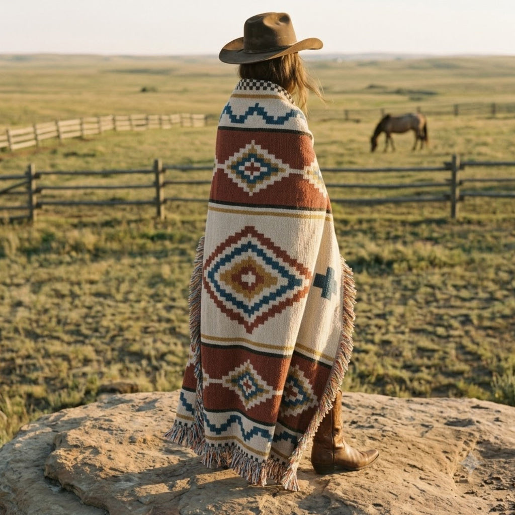 The Mesa House heirloom Southwestern woven cotton throw blanket in rust, clay, and weathered sage stepped diamond pattern, worn by a woman on a desert ranch overlook at golden hour, multicolor fringe on the long sides — Trini Skies