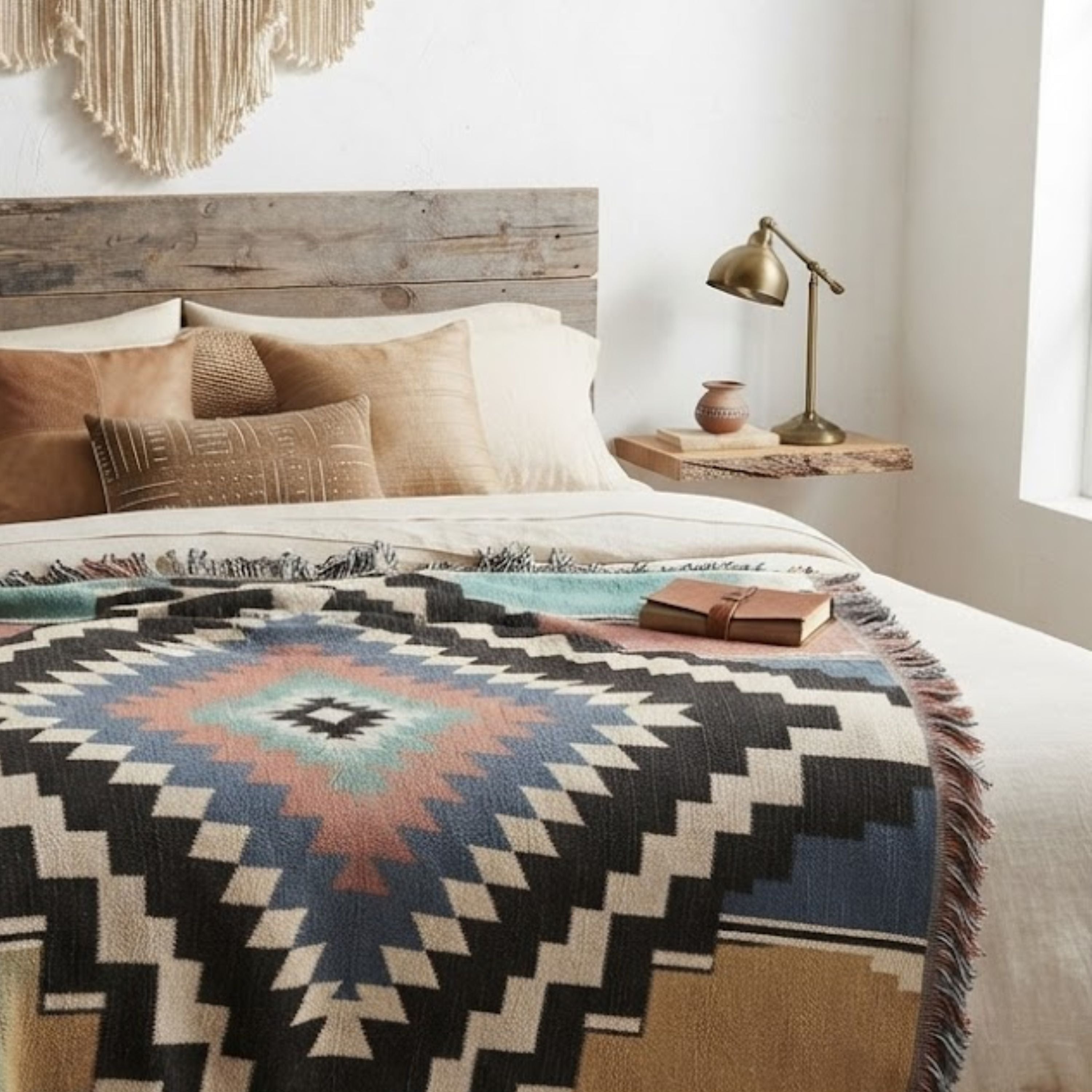 The Sonora Southwestern Cotton Woven Throw Blanket draped across a bed in a sunlit bedroom, showing the full diamond medallion pattern and cotton fringe — Trini Skies