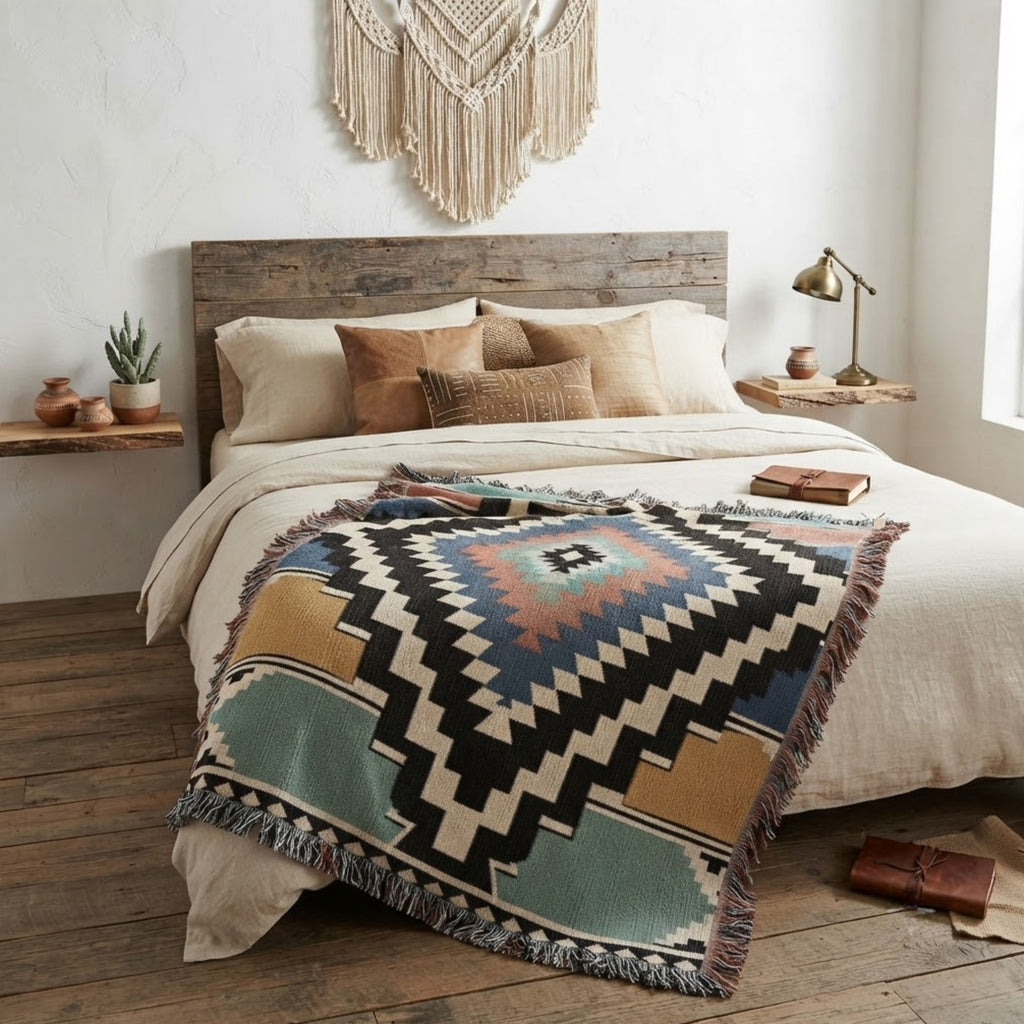 The Sonora Southwestern Cotton Woven Throw Blanket folded on a bed in a warm sunlit bedroom, showing the woven Southwestern diamond pattern in detail — Trini Skies