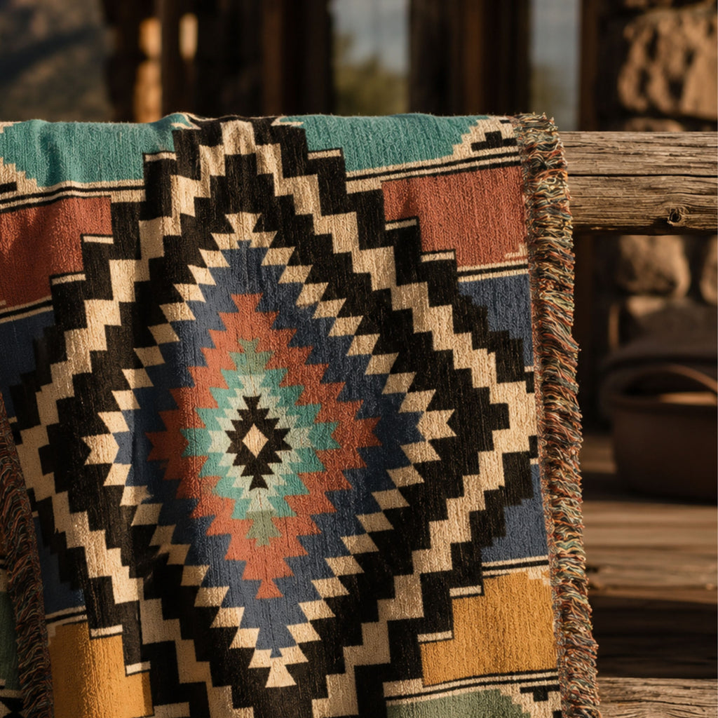 The Sonora Southwestern Cotton Woven Throw Blanket draped over a wooden bench outdoors, showing the black, terracotta, and sage diamond medallion pattern with fringe — Trini Skies