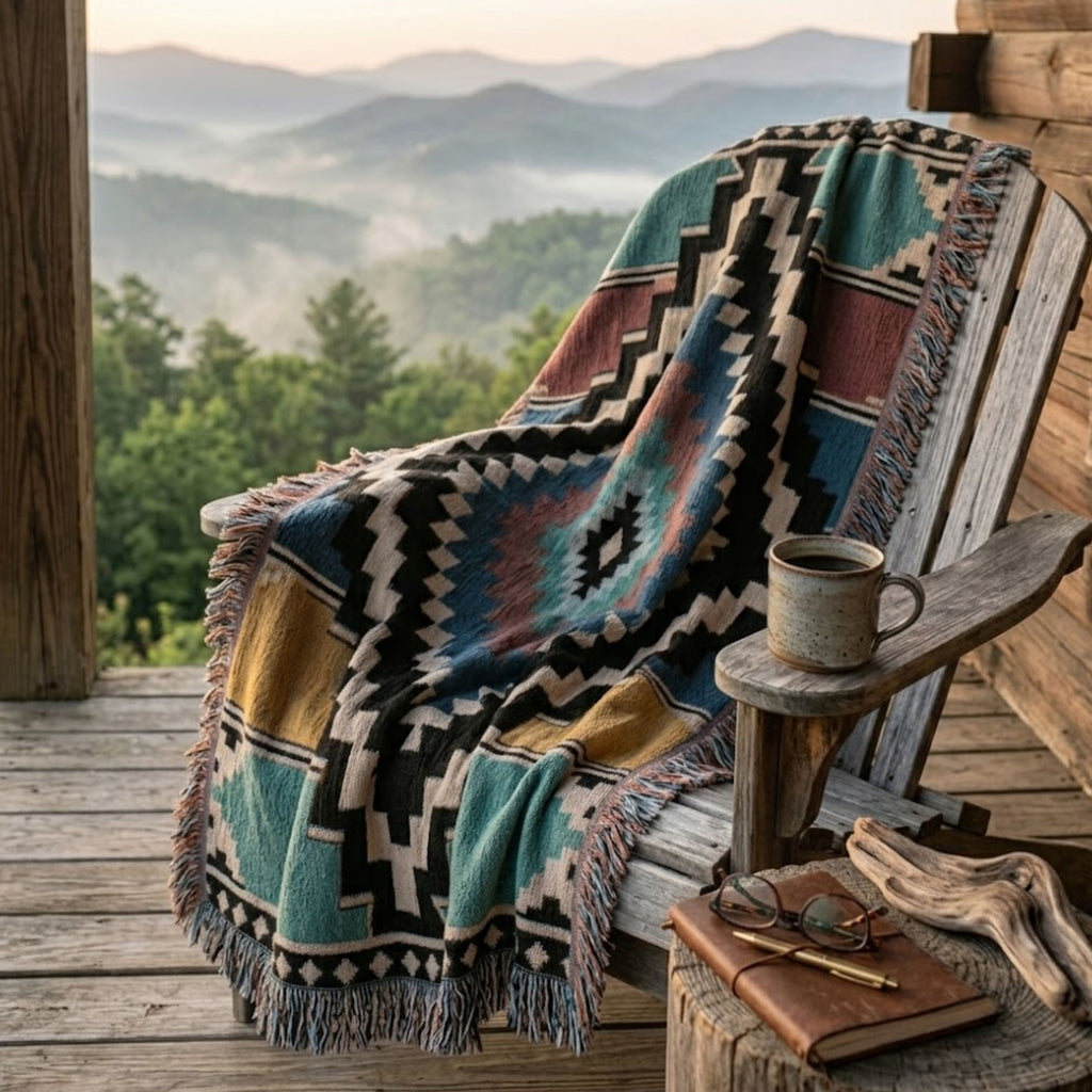 The Sonora Southwestern Cotton Woven Throw Blanket draped over a weathered wooden chair on a mountain porch, showing the black, terracotta, and slate blue diamond pattern — Trini Skies