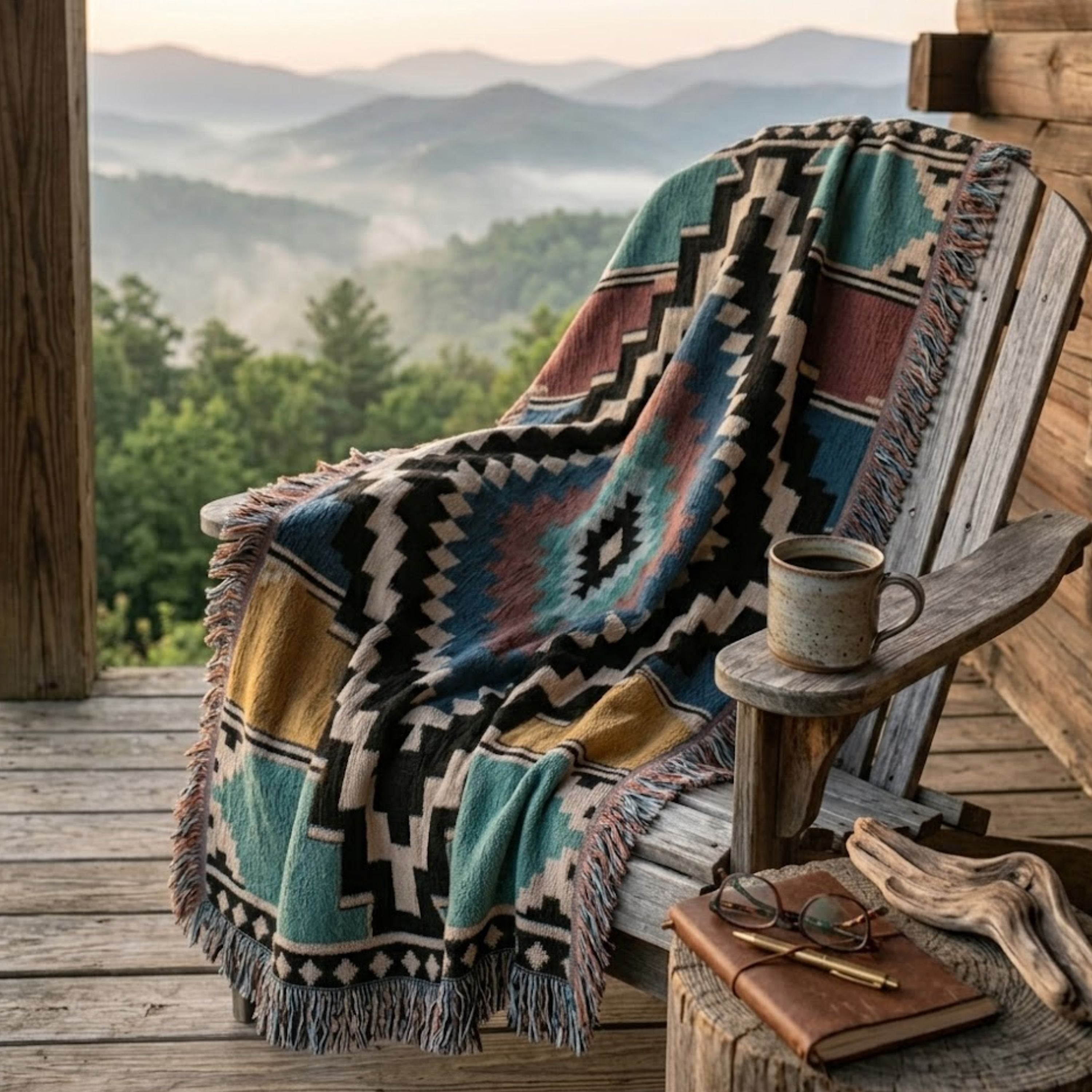 The Sonora Southwestern Cotton Woven Throw Blanket draped over a weathered wooden chair on a mountain porch, showing the black, terracotta, and slate blue diamond pattern — Trini Skies