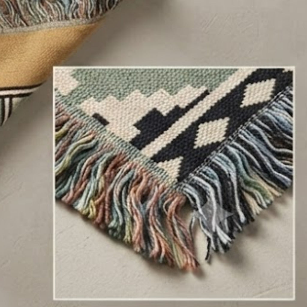 Close-up of the multi-color cotton fringe on The Sonora Southwestern Cotton Woven Throw Blanket, showing the woven-not-printed construction — Trini Skies