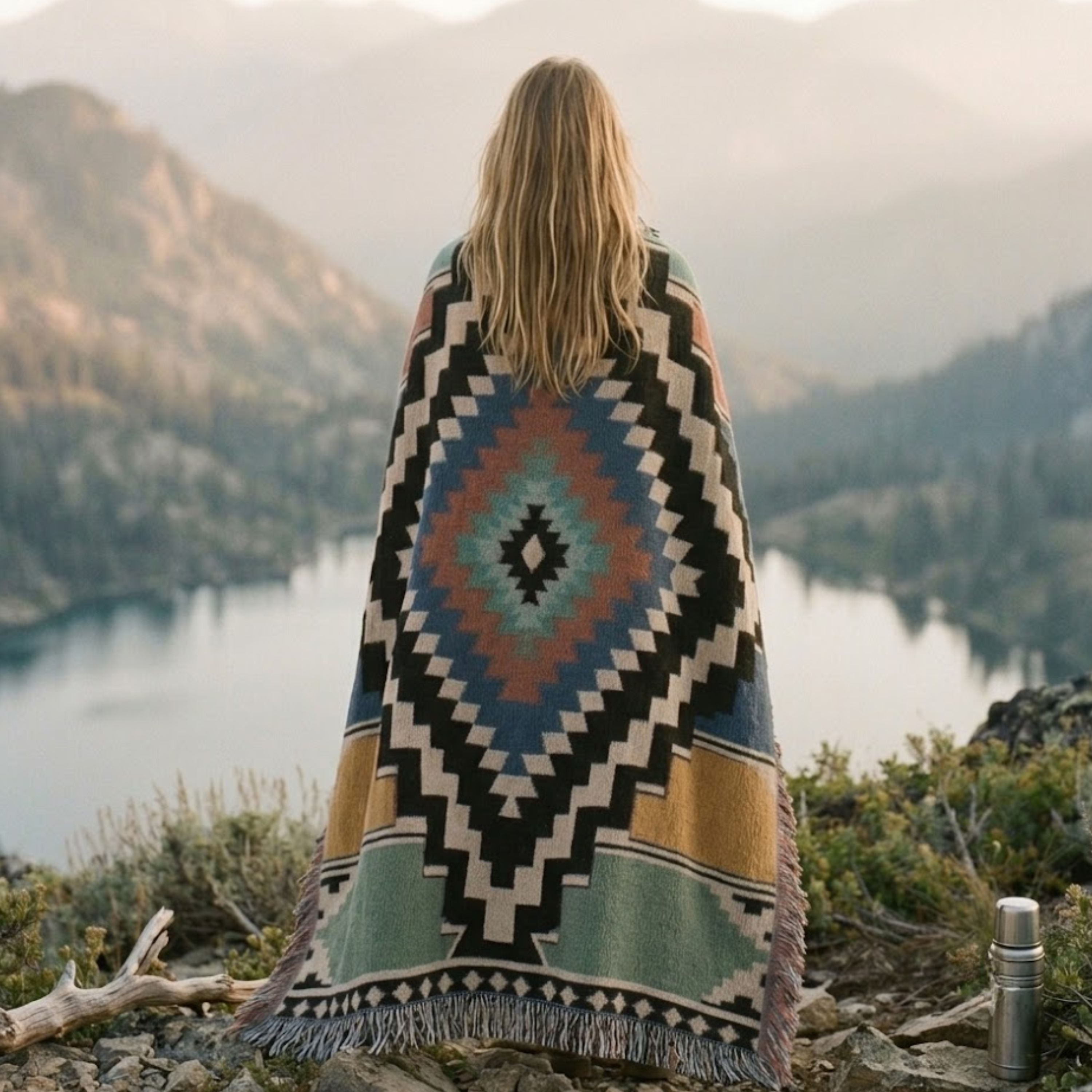 Woman wrapped in The Sonora Southwestern Cotton Woven Throw Blanket overlooking a misty mountain and lake view, showing the diamond medallion pattern and fringe — Trini Skies