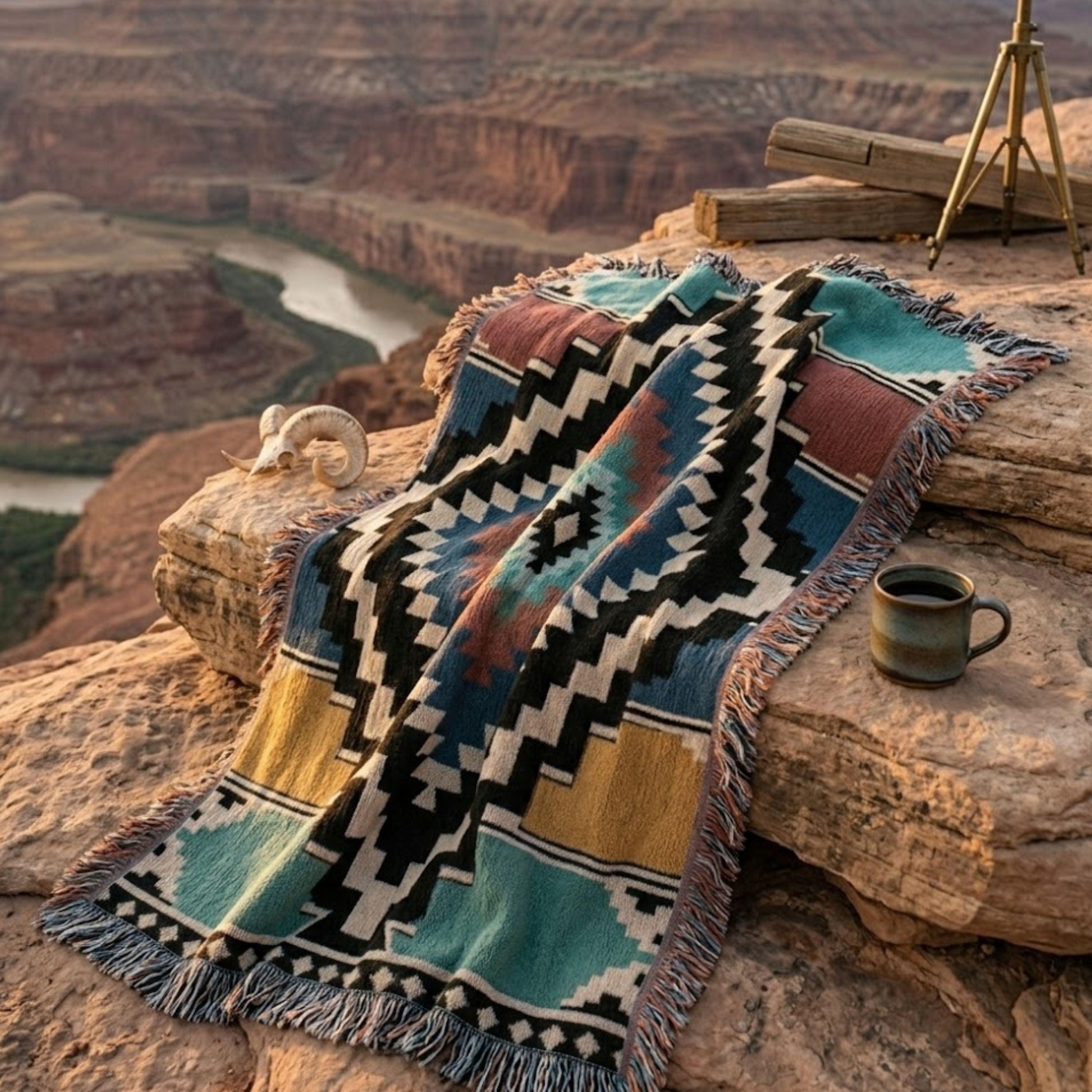 The Sonora Southwestern Cotton Woven Throw Blanket draped on red sandstone rock at a desert canyon overlook, showing the black, terracotta, slate blue, and sage diamond medallion pattern with cotton fringe — Trini Skies