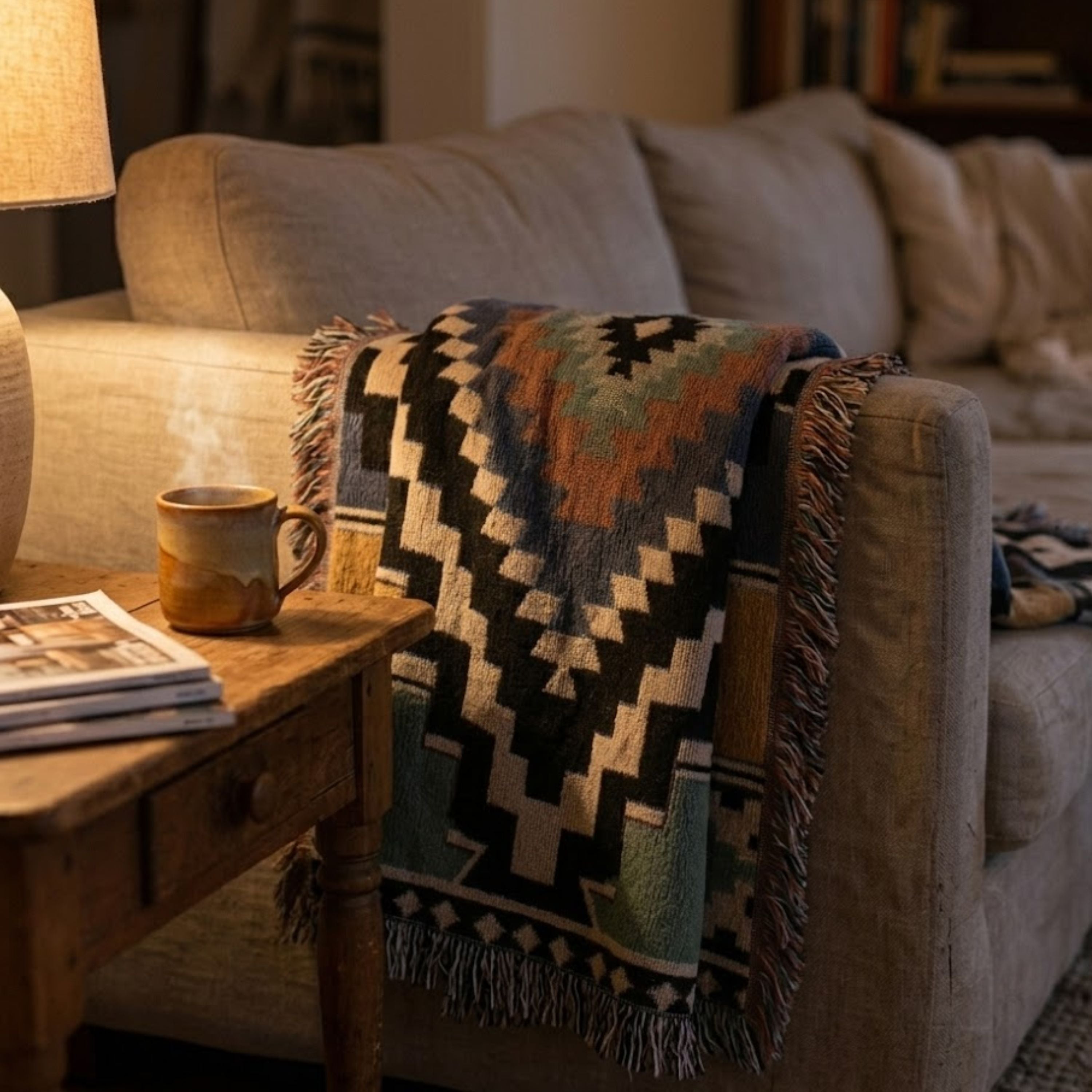 The Sonora Southwestern Cotton Woven Throw Blanket draped over a leather sofa in a cozy living room, showing the woven diamond medallion pattern — Trini Skies