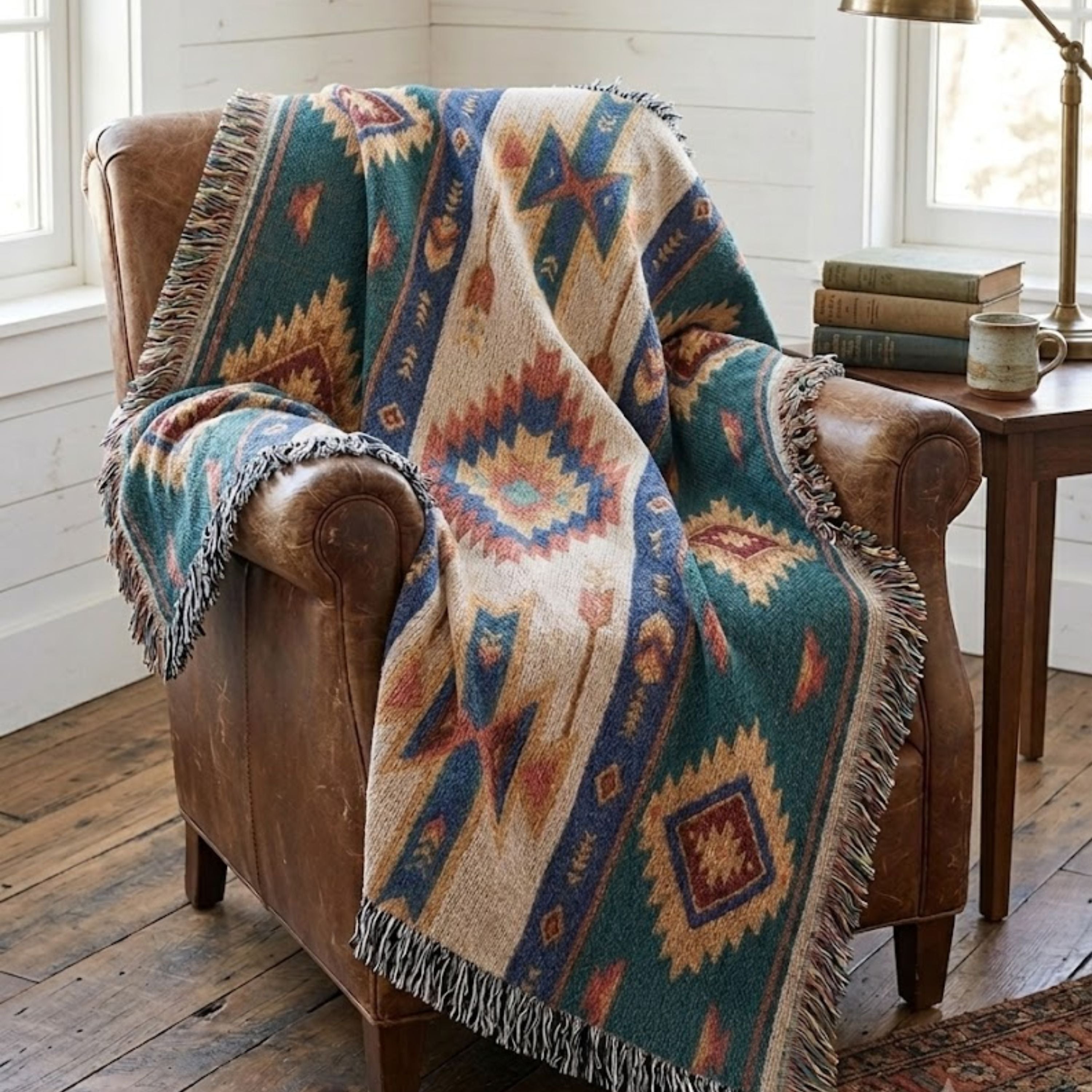 Spruce Mesa woven cotton throw draped over a worn leather club chair with books and a brass lamp — Trini Skies