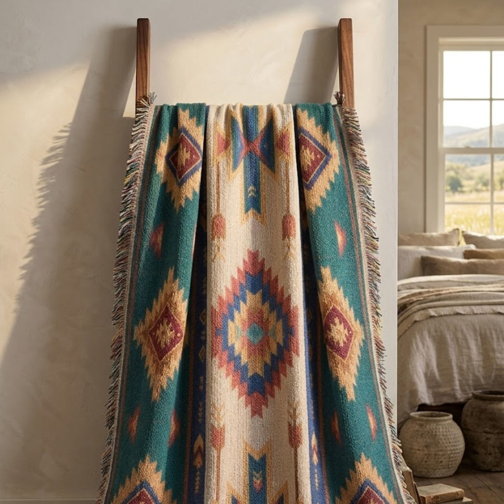 Spruce Mesa Southwestern woven throw hung full length on a wooden rack, showing the spruce green and rust pattern with fringe — Trini Skies