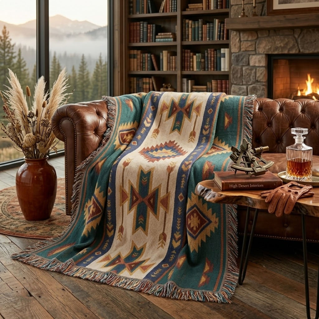Spruce Mesa woven throw blanket layered on a leather sofa in a lodge living room — Trini Skies