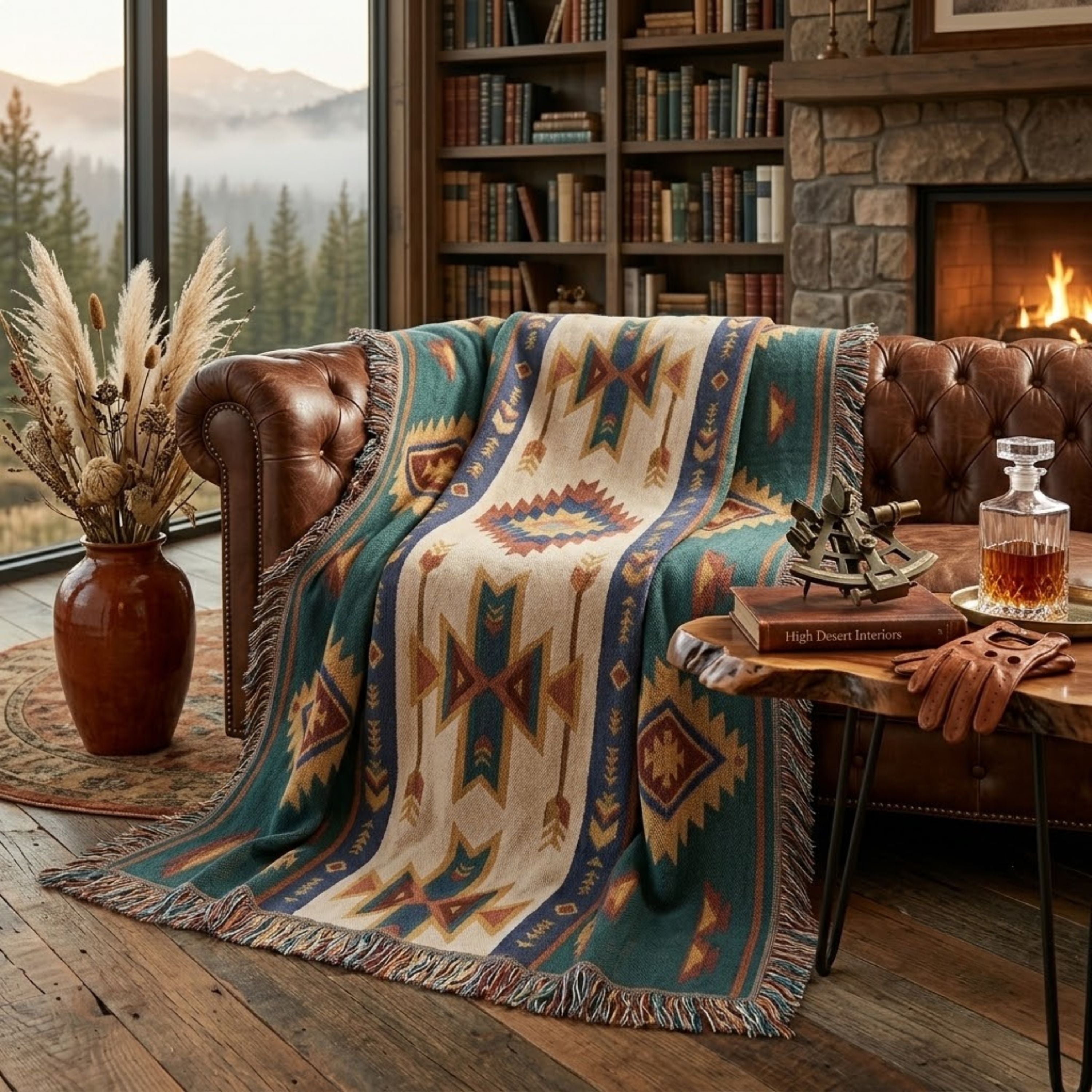 Spruce Mesa woven throw blanket layered on a leather sofa in a lodge living room — Trini Skies