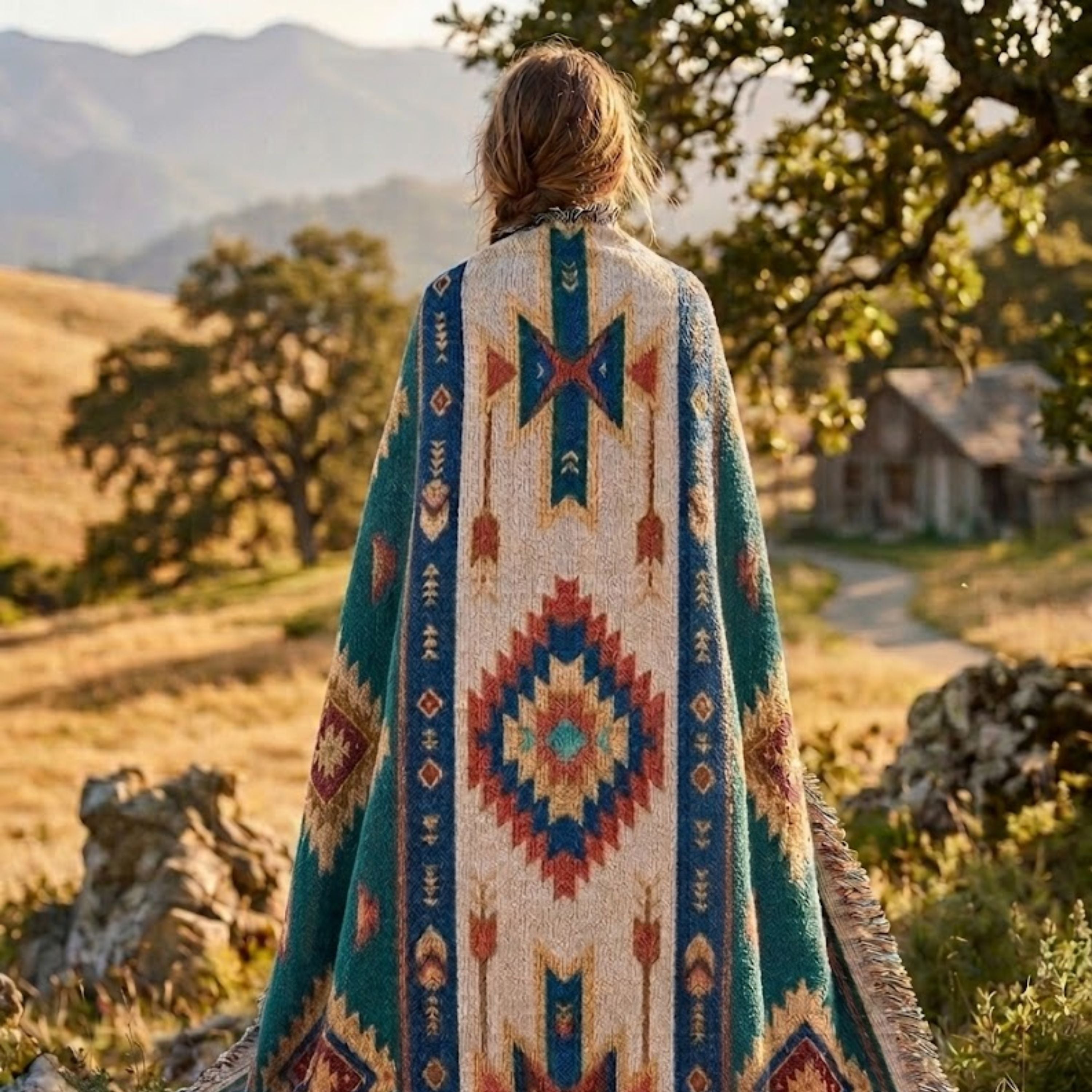Woman standing wrapped in the Spruce Mesa woven cotton throw in a golden-hour meadow — Trini Skies