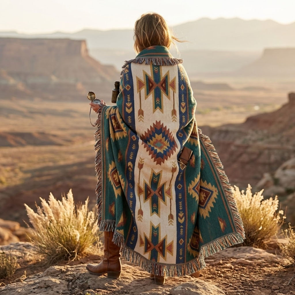 Woman wrapped in the Spruce Mesa Southwestern woven cotton throw on a canyon overlook at golden hour — Trini Skies