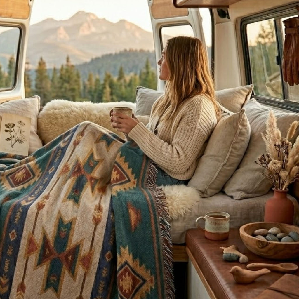 Spruce Mesa Southwestern woven throw blanket around the shoulders in a camper van with a mountain view — Trini Skies