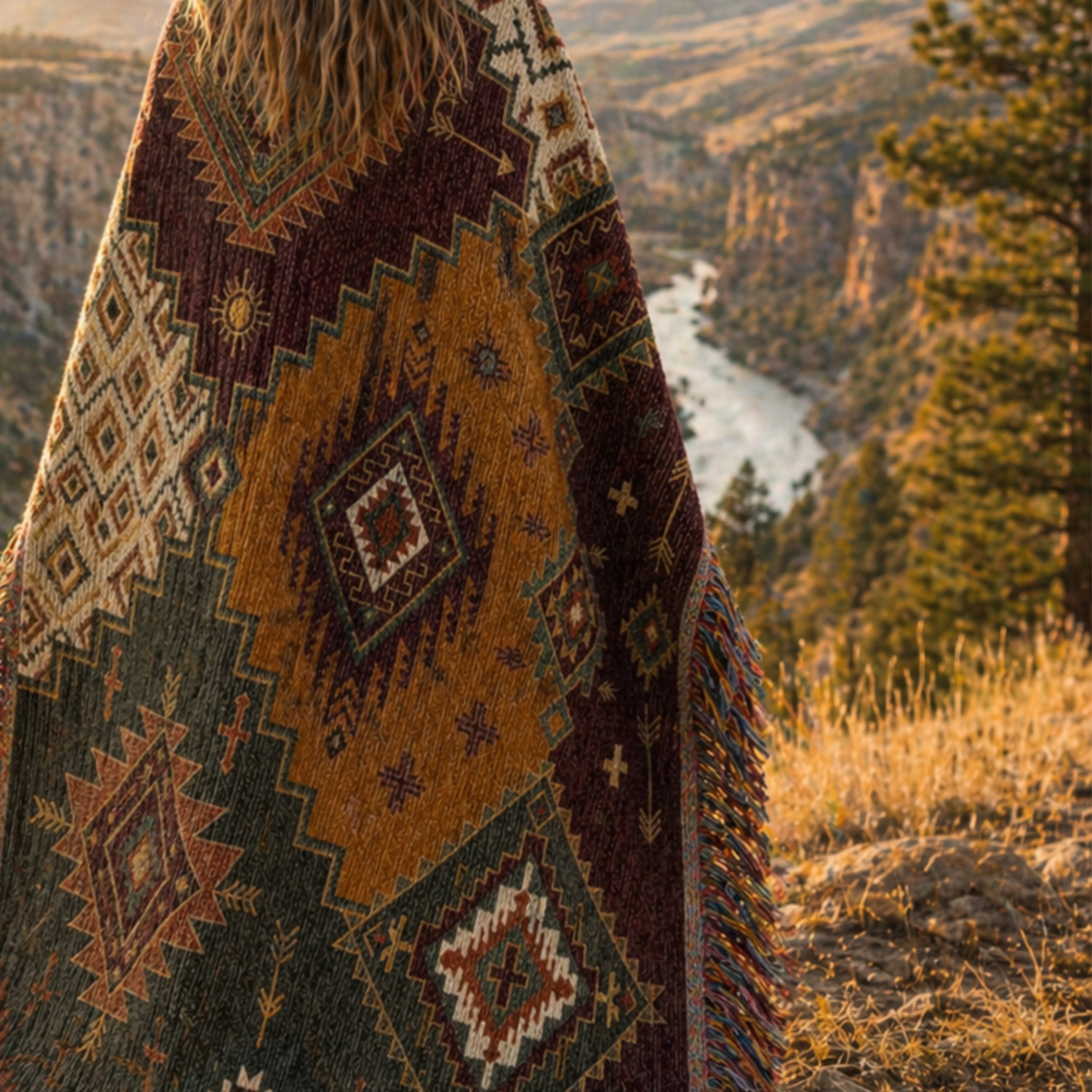 Canyon Patchwork kilim throw draped over a woman overlooking the river  — full geometric pattern view of jacquard woven 100% cotton southwestern blanket
