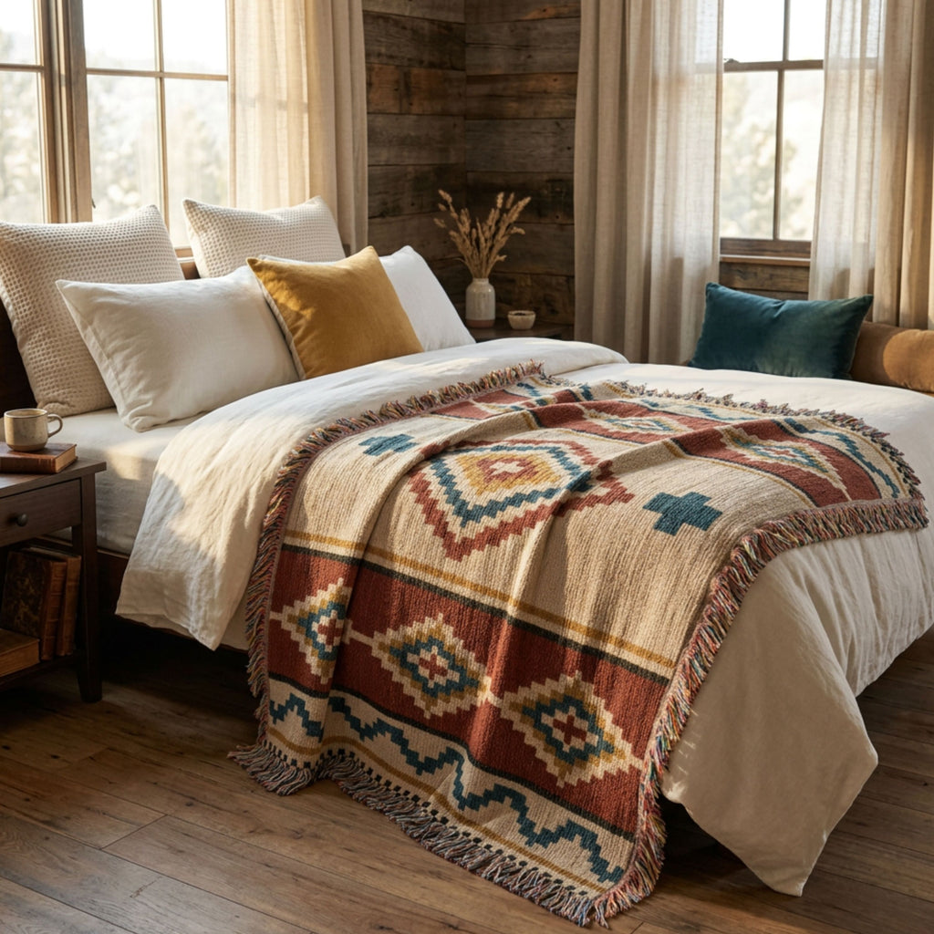 The Mesa House Southwestern woven cotton throw blanket in rust, clay, and weathered sage draped at the foot of a bed, 100% cotton jacquard stepped diamond pattern with multicolor fringe on the long sides — Trini Skies
