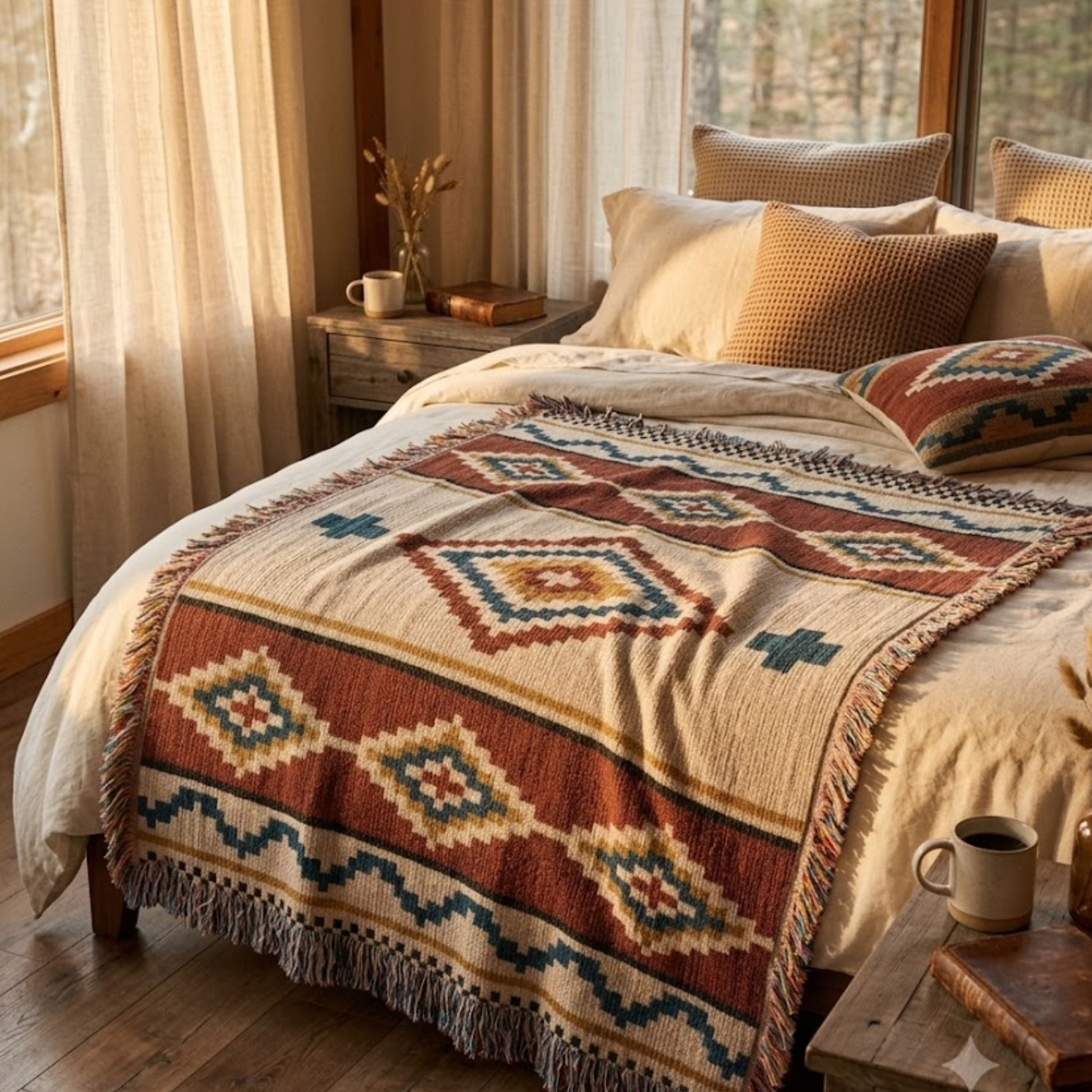 The Mesa House Southwestern woven cotton throw blanket styled across a ranch-style bedroom, full stepped diamond and stripe pattern in rust, clay, and weathered sage — Trini Skies