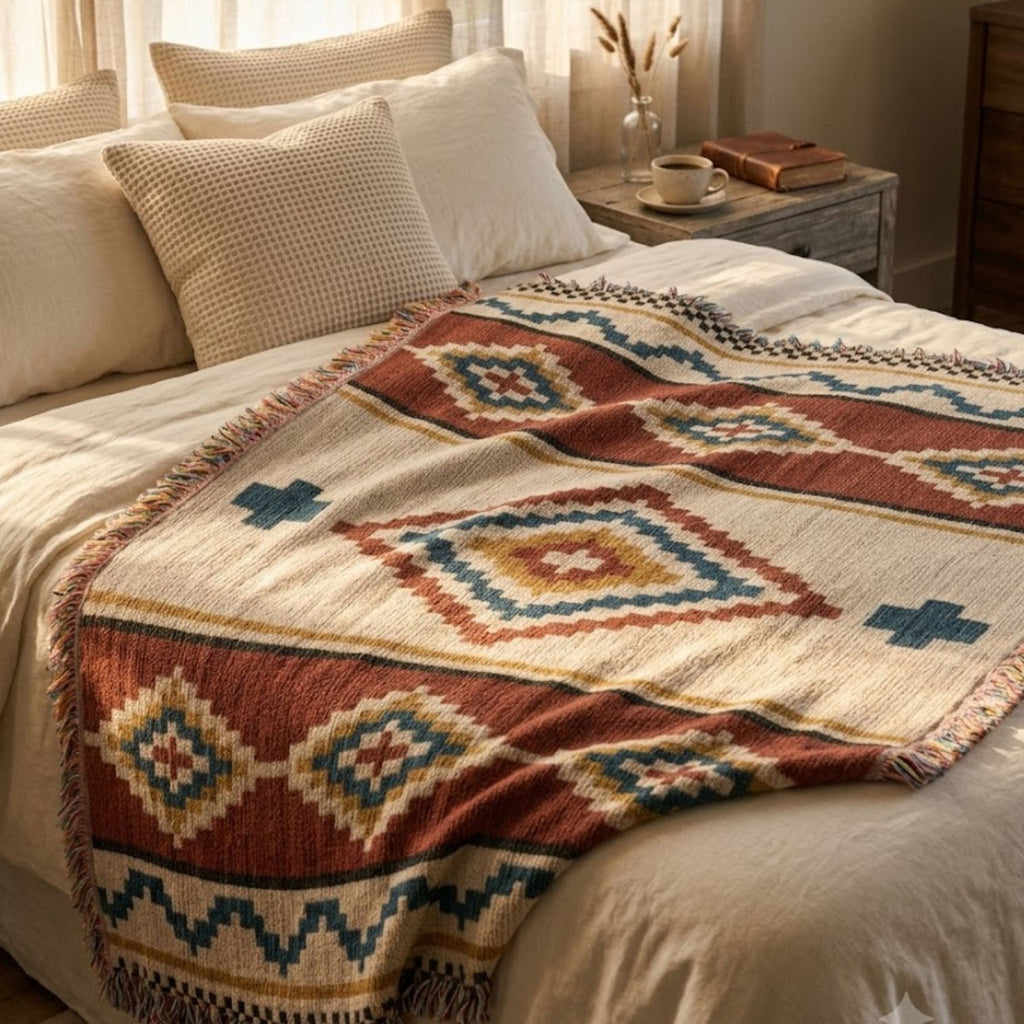 The Mesa House Southwestern woven cotton throw blanket on a bed in a ranch cabin, rust, clay, and weathered sage stepped diamond and stripe pattern, multicolor fringe on the long sides — Trini Skies