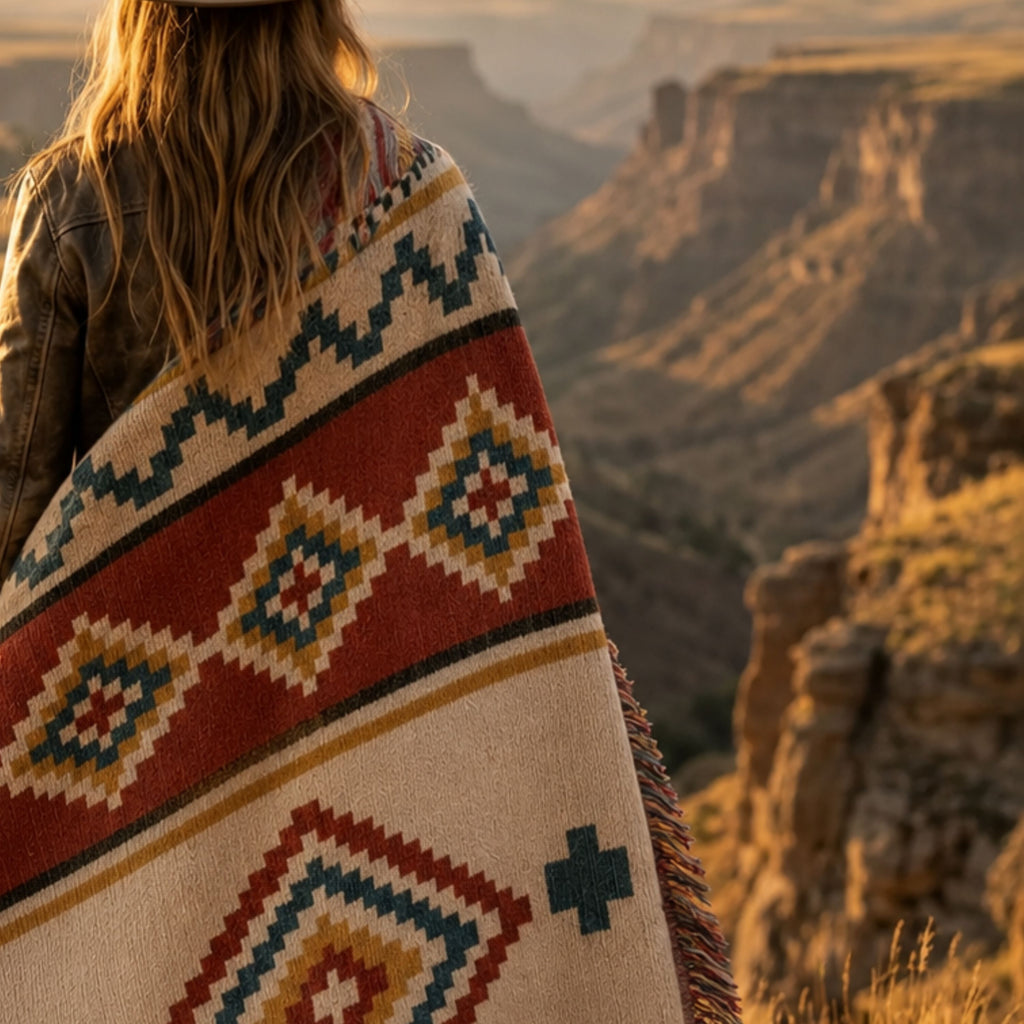 The Mesa House Southwestern woven cotton throw blanket styled in a high-desert ranch setting, jacquard stepped diamond pattern with black-and-white fringe visible at the top edge — Trini Skies