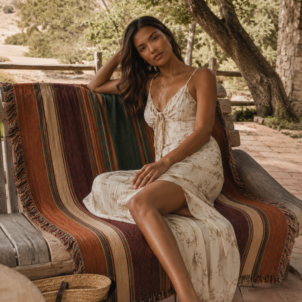 Woman in floral slip dress seated on rustic wooden bench draped with Canyon Ridge heritage stripe woven throw blanket in burgundy, forest green, rust and tan — Trini Skies
