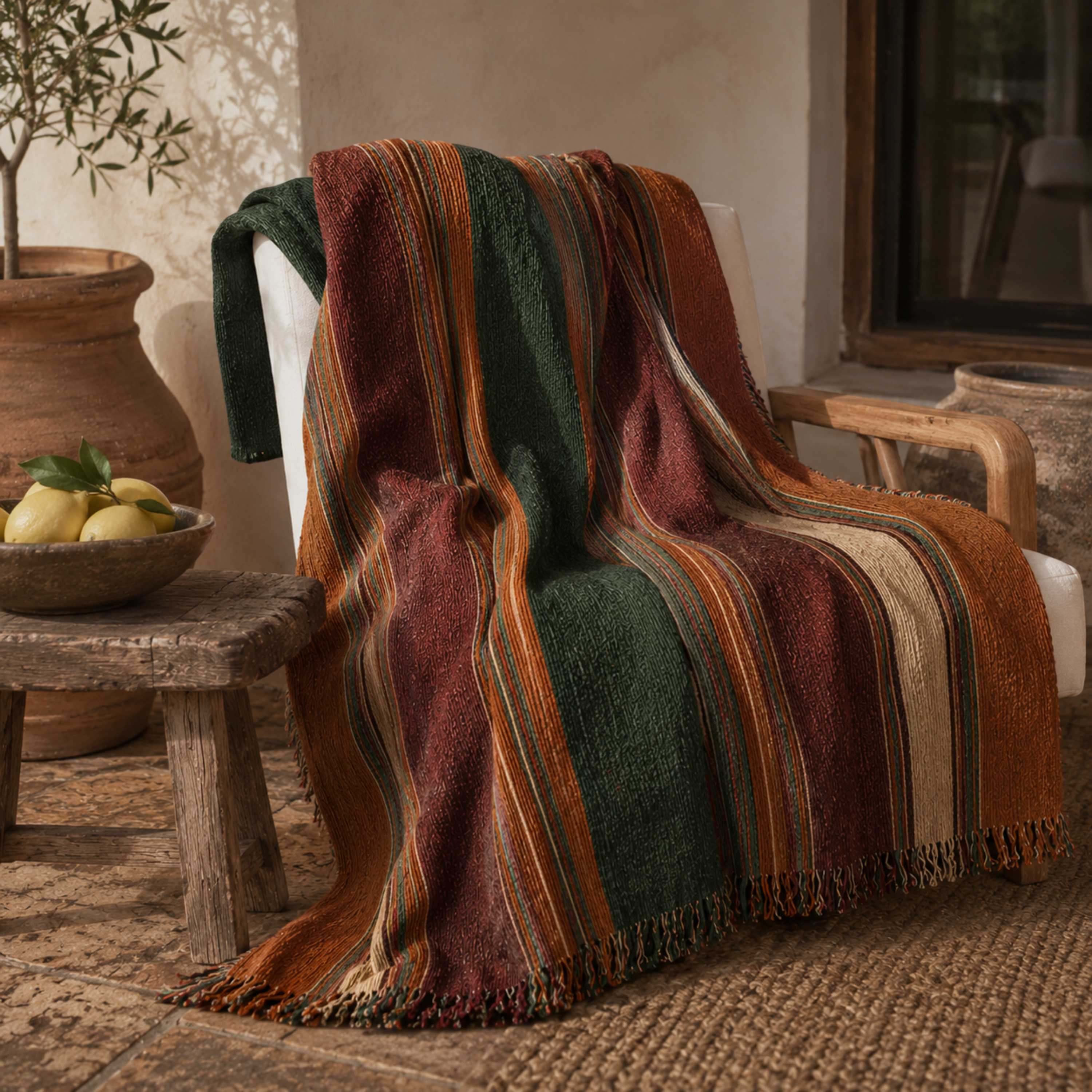 Canyon Ridge southwestern stripe woven throw blanket draped over wooden chair in rustic lodge interior with stone fireplace and desert landscape through window