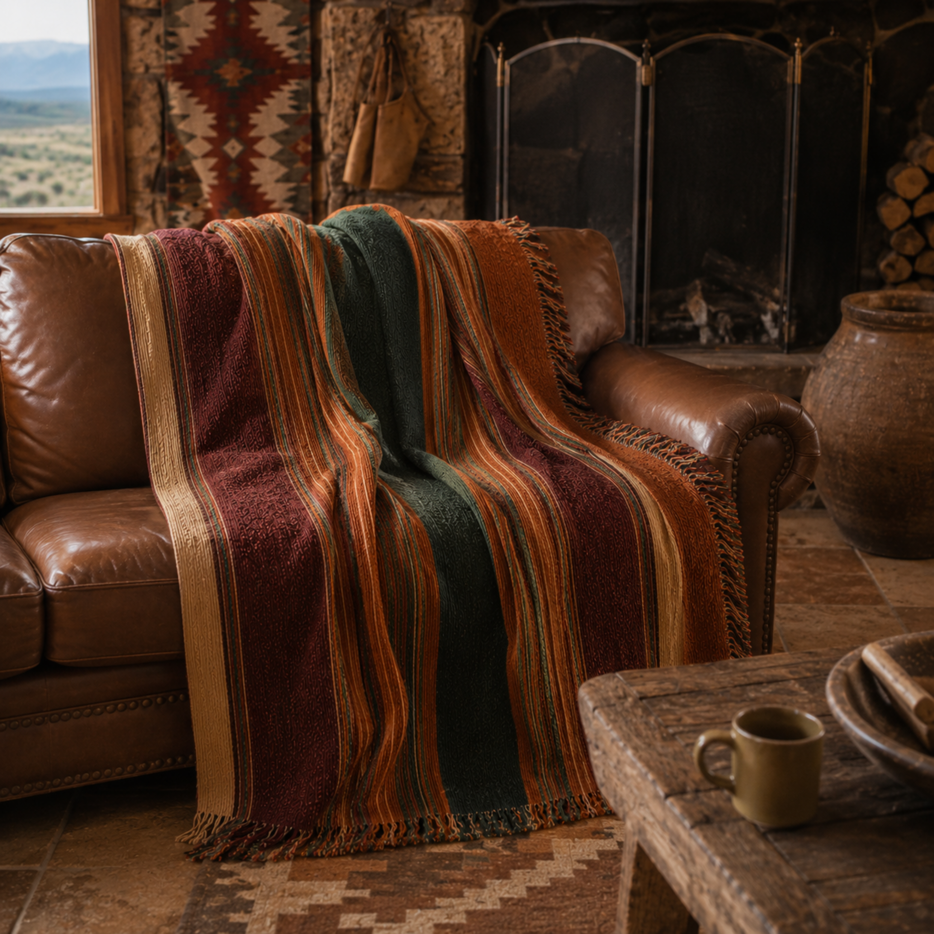 Canyon Ridge heritage stripe woven tapestry throw blanket draped over leather sofa in mountain lodge with southwestern rug and stone fireplace — Trini Skies
