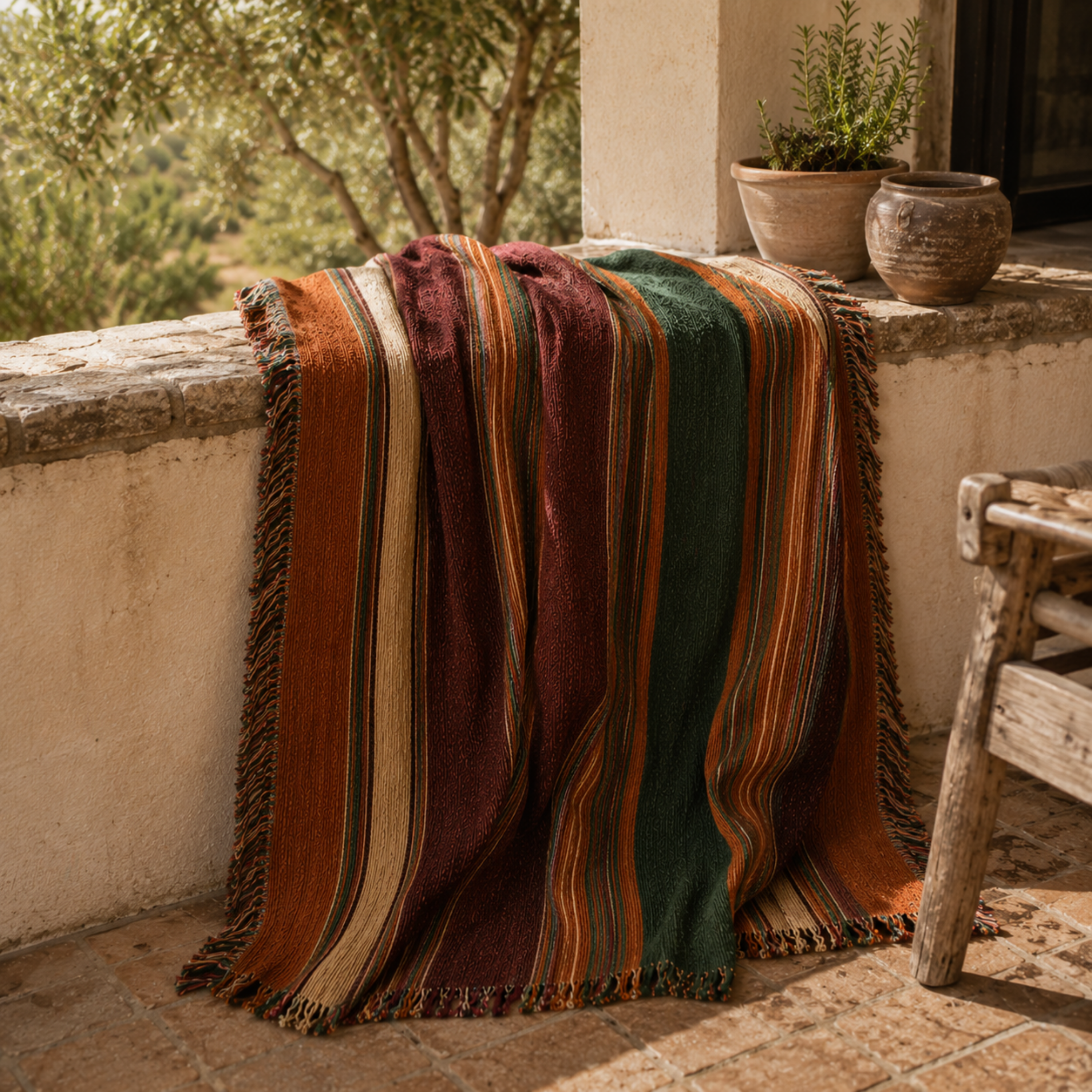 Woman in floral dress holding Canyon Ridge heritage stripe woven throw blanket on sunlit Mediterranean terrace with olive trees and terracotta pottery — Trini Skies
