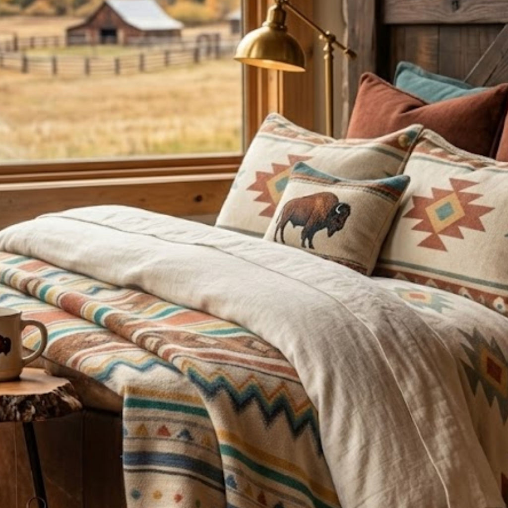 Mesa Serape Southwest woven cotton throw blanket draped over a made bed — multicolor serape stripes and geometric fringe in a warm lodge bedroom setting — Trini Skies