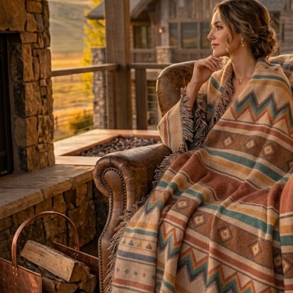 Mesa Serape woven cotton throw blanket folded over a leather chair — warm ivory, terracotta, and indigo serape stripe pattern with multicolor fringe — Trini Skies