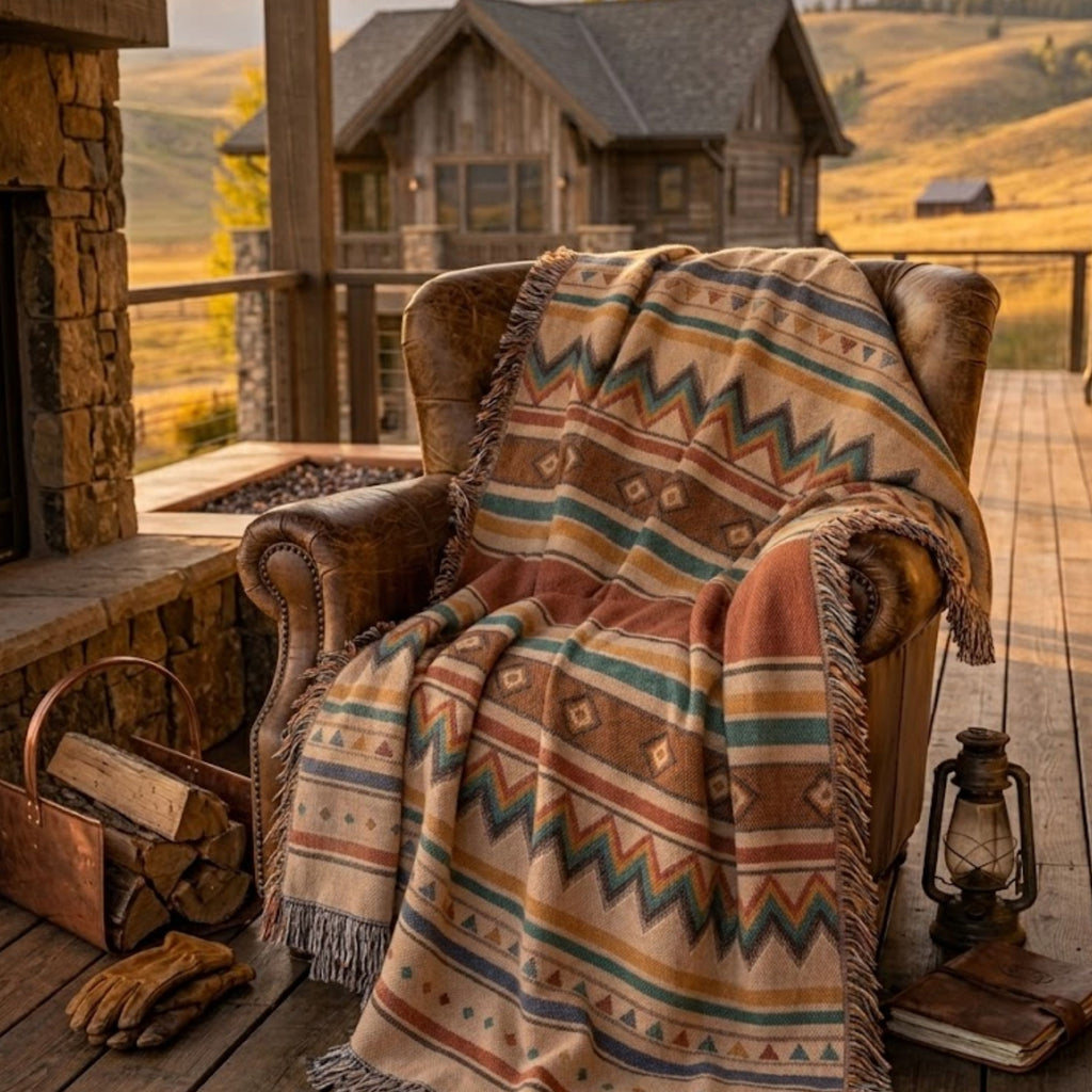 Mesa Serape Southwest woven throw blanket folded on a leather chair — warm ivory field with terracotta, gold, and indigo serape stripes — heirloom jacquard weave — Trini Skies