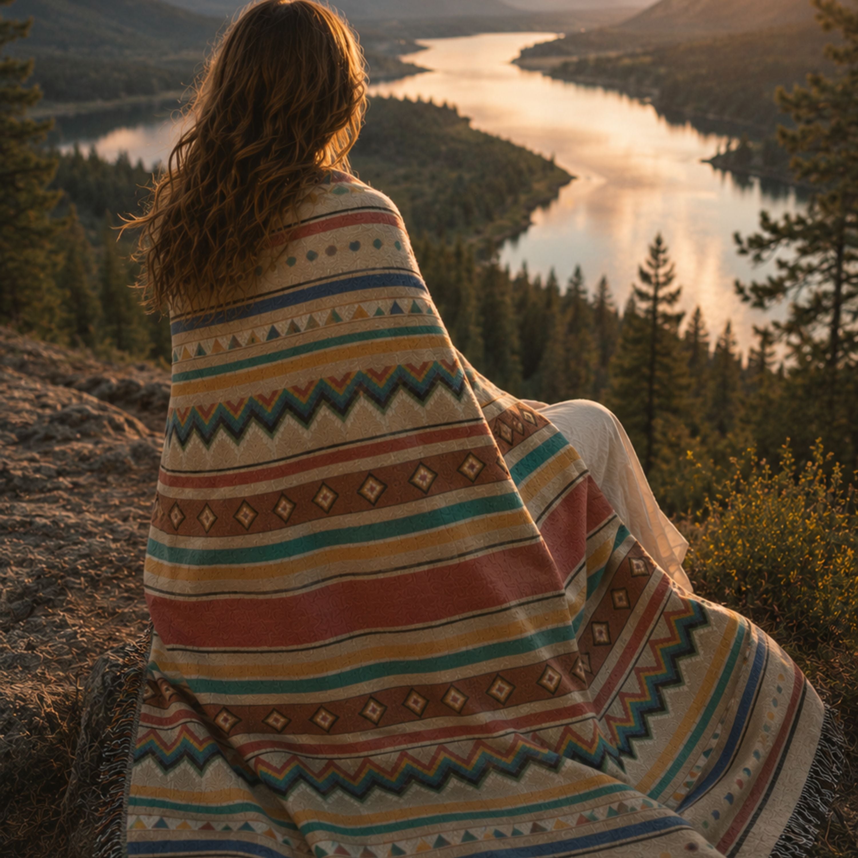Mesa Serape woven cotton throw blanket worn outdoors — multicolor serape stripes and geometric fringe, 100% cotton jacquard tapestry weave, made in the USA — Trini Skies