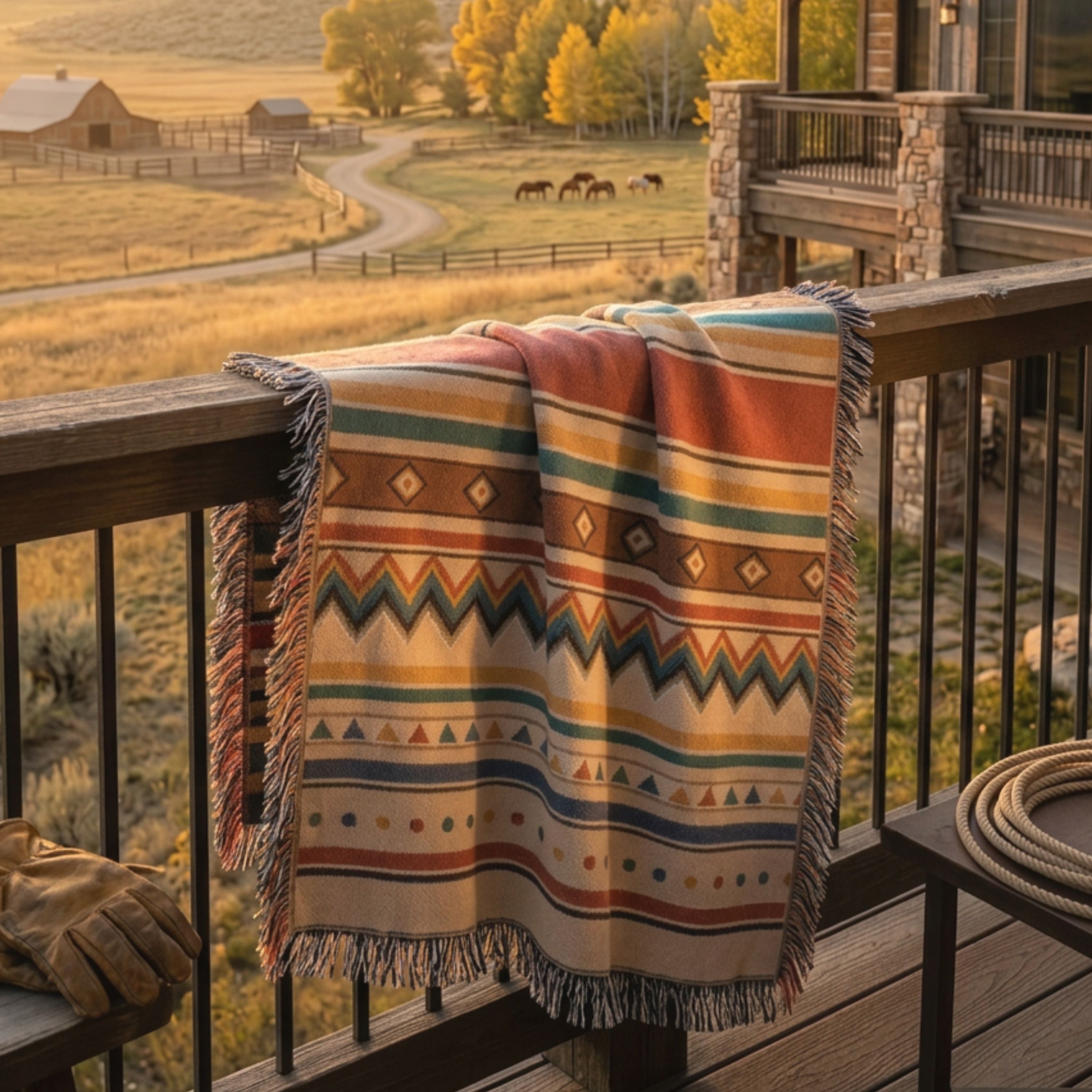 Mesa Serape Southwest woven throw blanket draped over a porch railing — Saltillo diamond and serape stripe pattern in warm heritage colors — Trini Skies