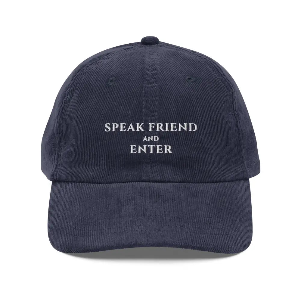 Navy blue vintage corduroy cap with Trini Skies enter embroidered text