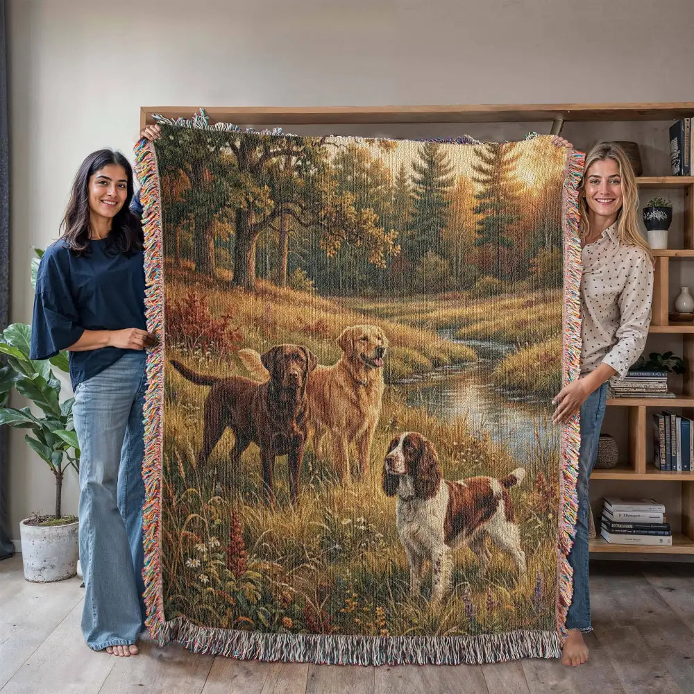 Woven cotton fieldwork blanket nature with hunting dogs in forest stream, pet lover gifts