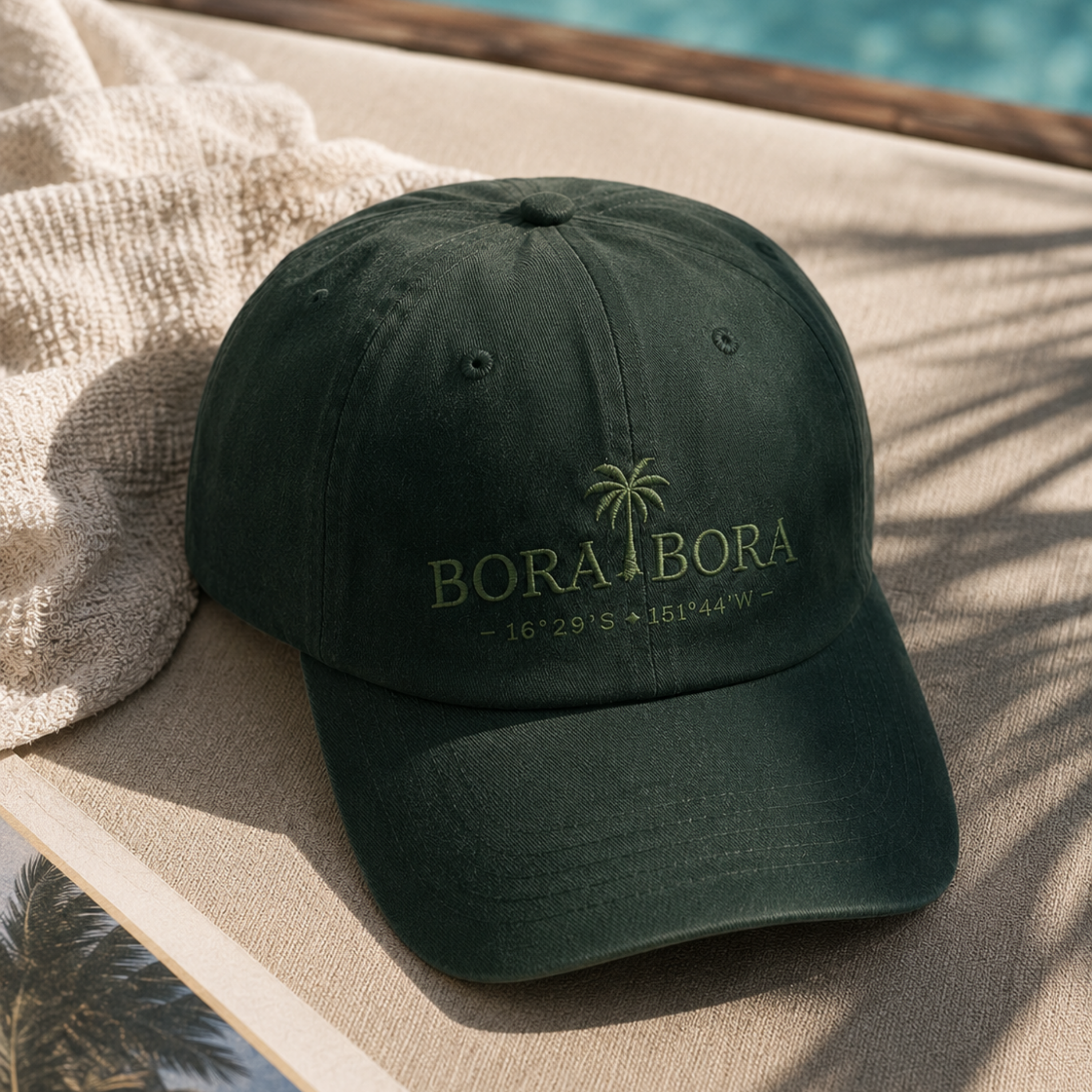 Green cap with 'Bora Bora' text and palm tree design on a textured surface.