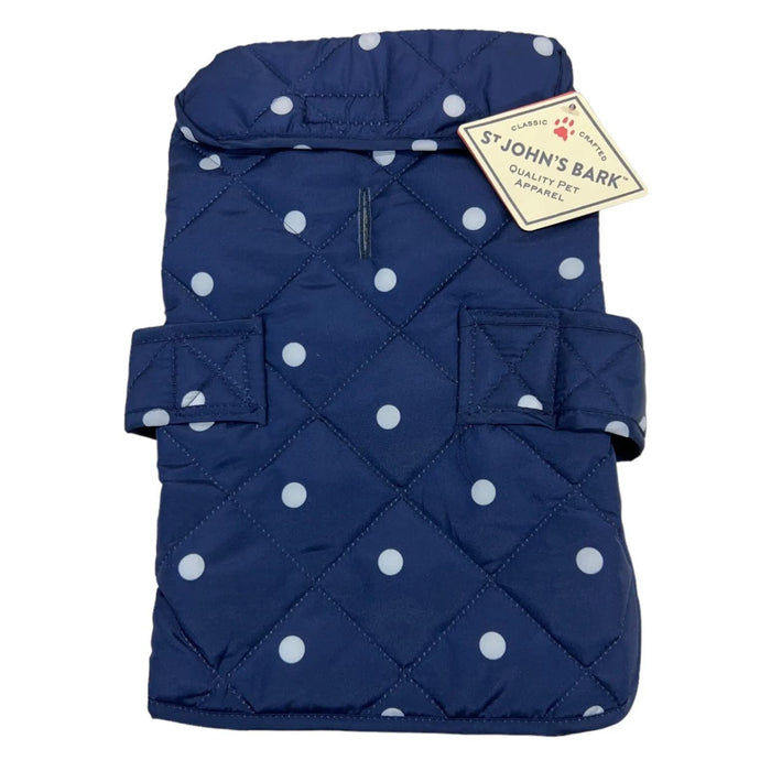 St. John’s pet Large / Blue St. Johns Bark Dog Jacket * Quilted Vest, Navy Blue Polka Dot, Size Large