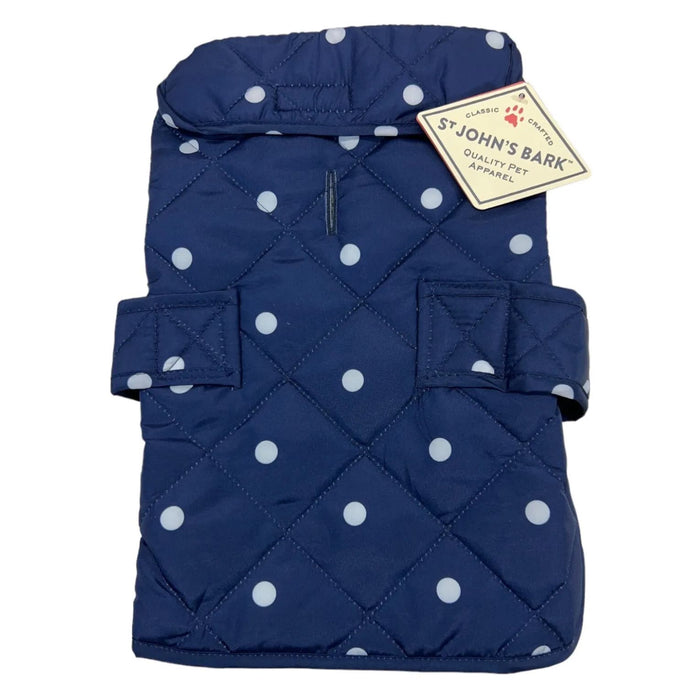 St. John’s pet Large / Blue St. Johns Bark Dog Jacket * Quilted Vest, Navy Blue Polka Dot, Size Large