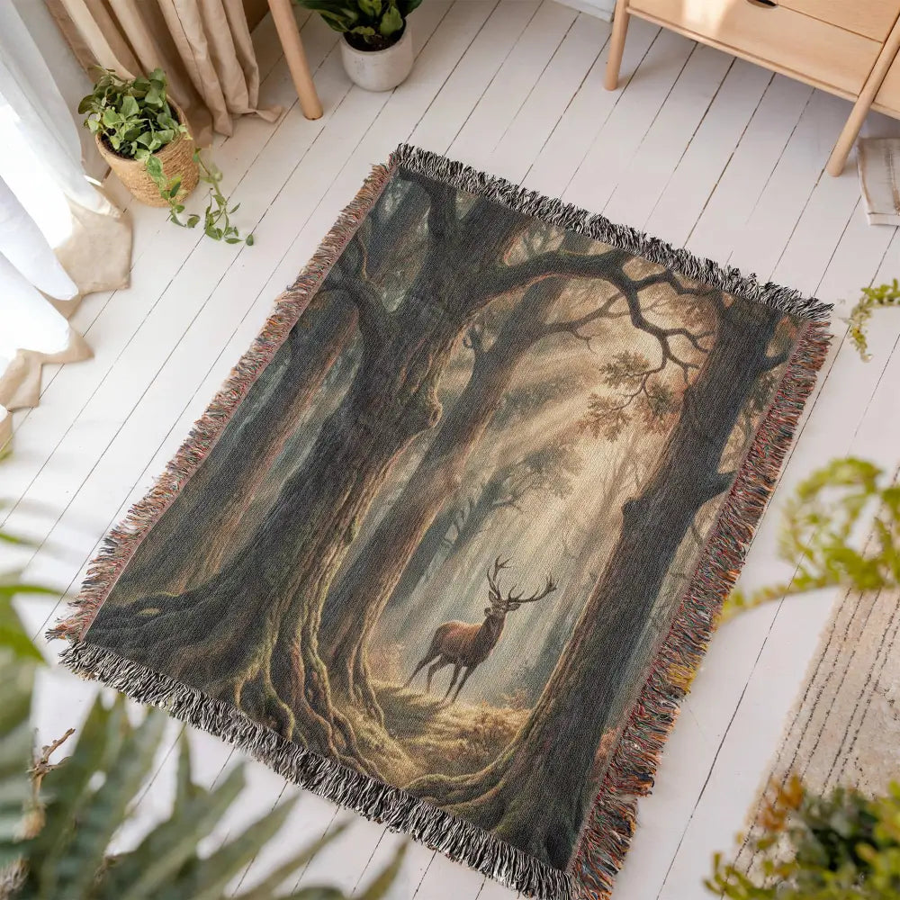 Stag Forest woven cotton throw blanket with detailed forest scene, showing the stag illustration and surrounding tree line — Trini Skies