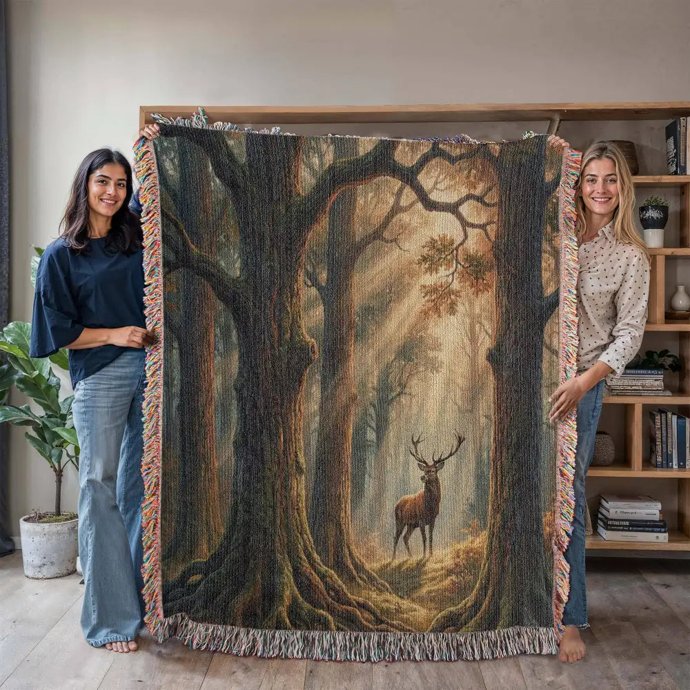 Stag Forest woven cotton throw blanket draped over furniture, showing the tapestry-style forest scene and fringe — Trini Skies