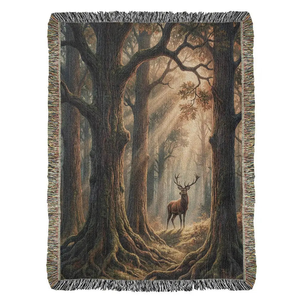 Stag Forest woven cotton throw blanket showing a solitary stag standing at a sunlit forest tree line, woven in warm earth tones with multicolor fringe — Trini Skies