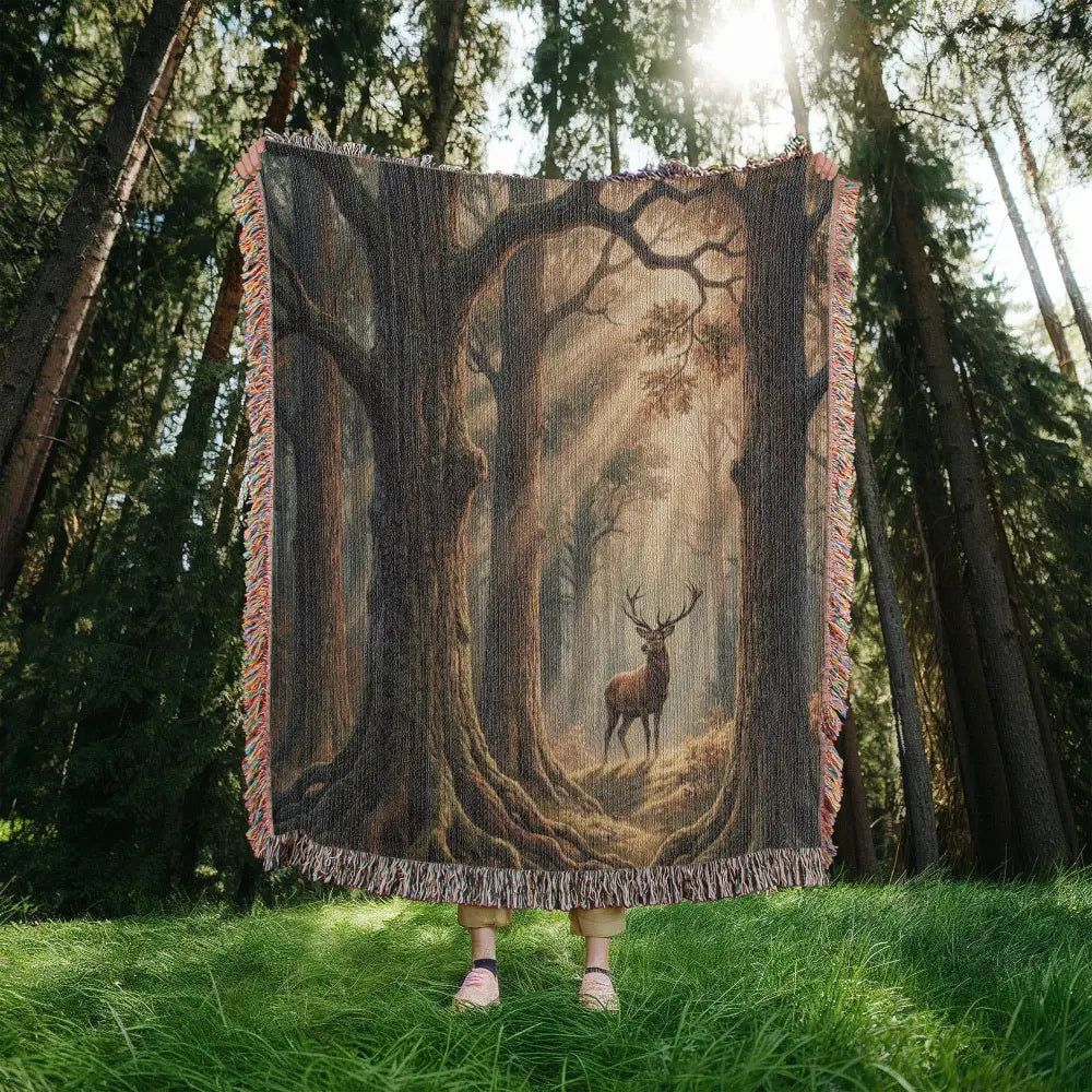 Stag Forest woven cotton throw blanket styled in a lodge interior, showing the woven stag and forest tapestry design — Trini Skies