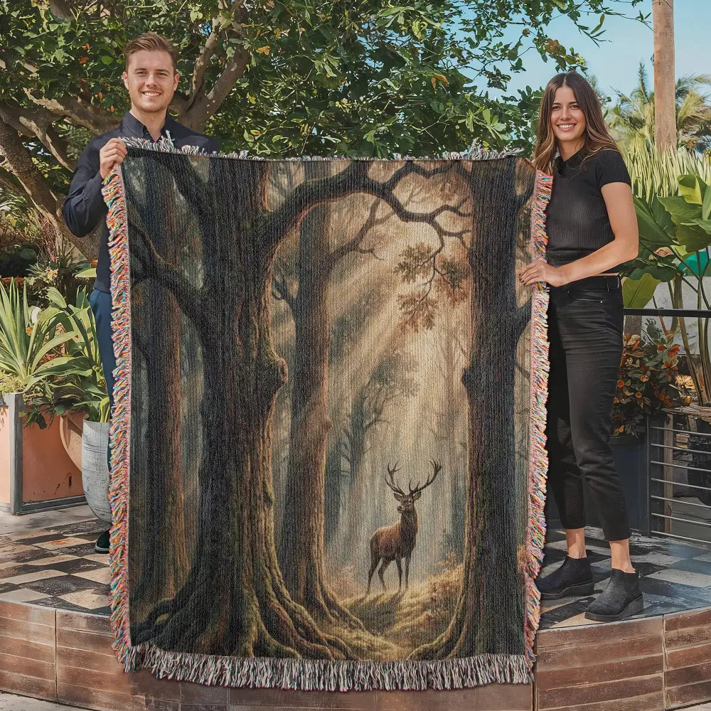 Stag Forest woven cotton throw blanket close-up showing the woven tapestry detail and morning light forest scene — Trini Skies