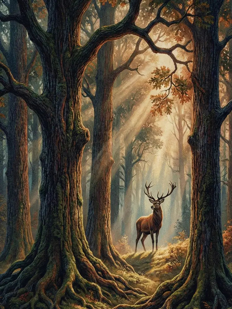 Detail of the Stag Forest woven cotton throw blanket highlighting the stag in sun-dappled forest light and dimensional jacquard texture — Trini Skies