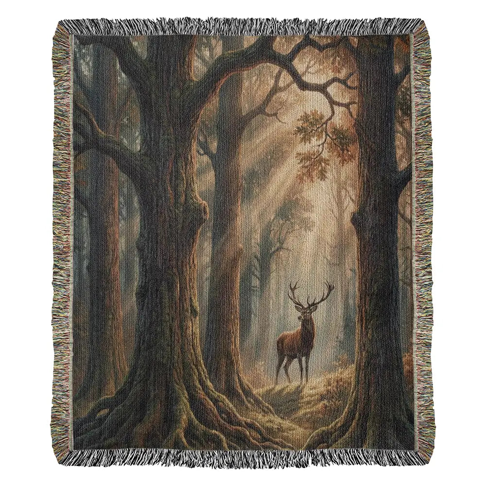 Woven forest cotton blanket with stag in morning light nature scene