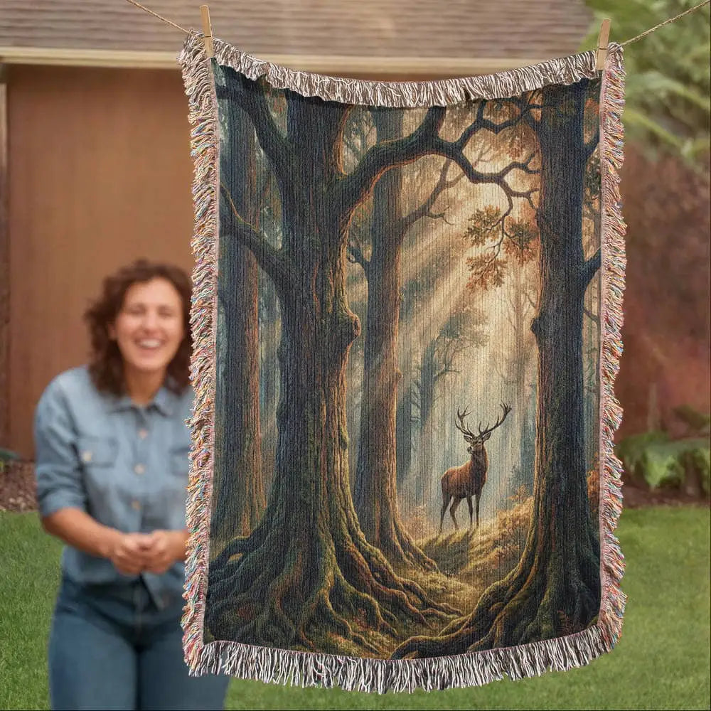 Stag Forest woven cotton throw blanket folded to show the morning forest scene and fringe edge — Trini Skies